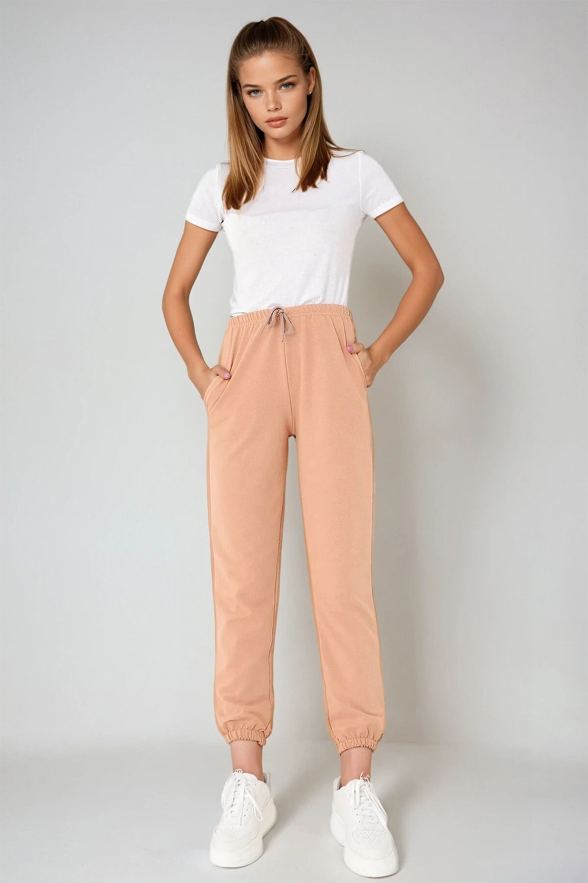 Bej Paçası Lastikli İki İplik Eşofman Altı