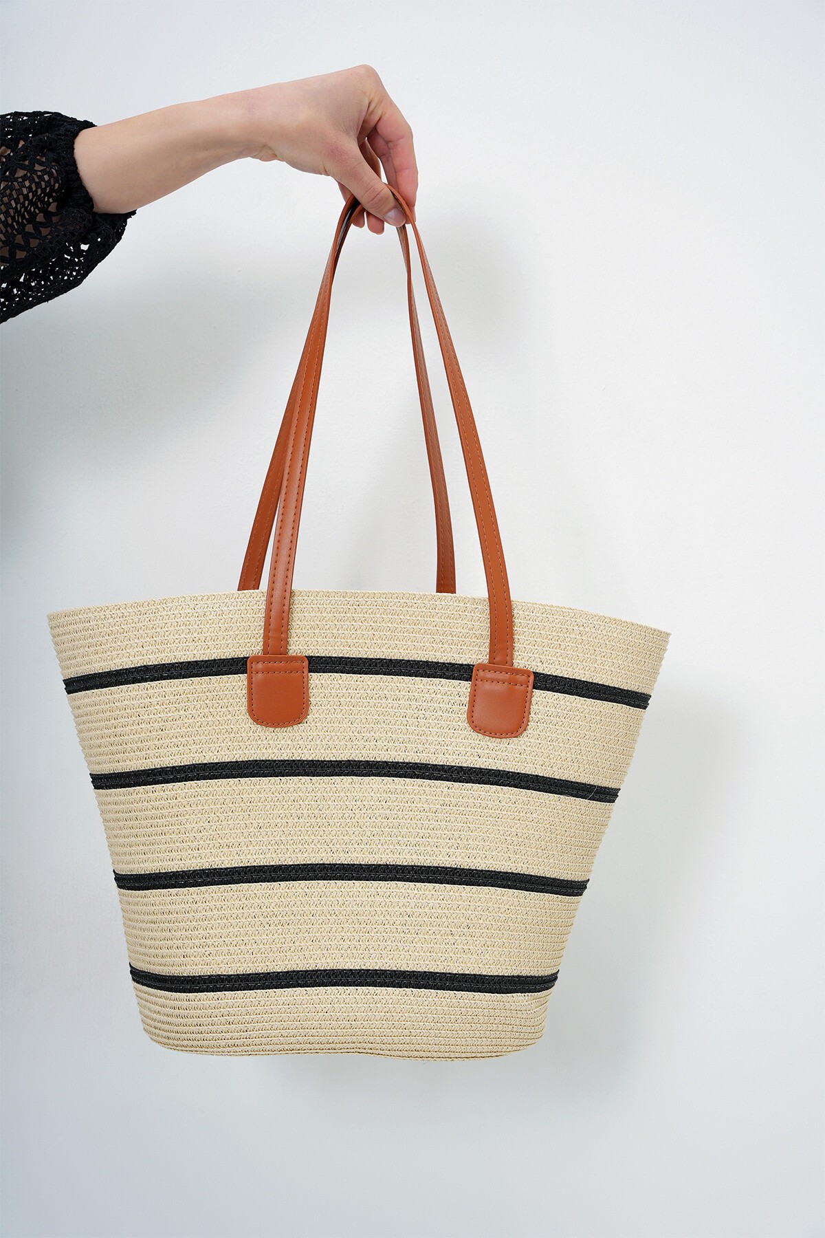 Bej Siyah Deri Kordonlu Çizgi Desenli Hasır Büyük Boy Plaj Çantası