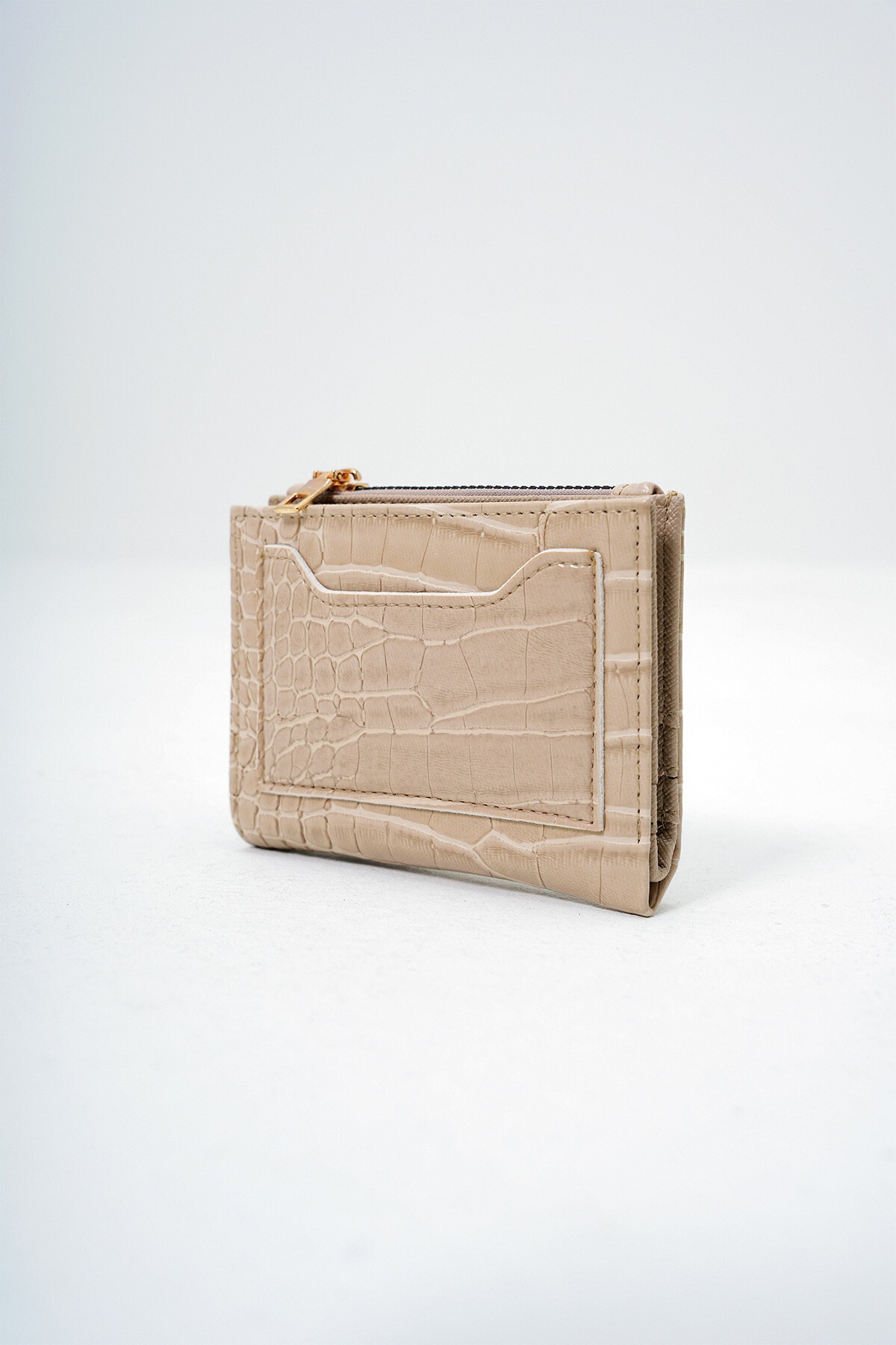 Bej Suni Deri Croco Desen Kağıt Ve Bozuk Para Bölmeli Cüzdan Kartlık