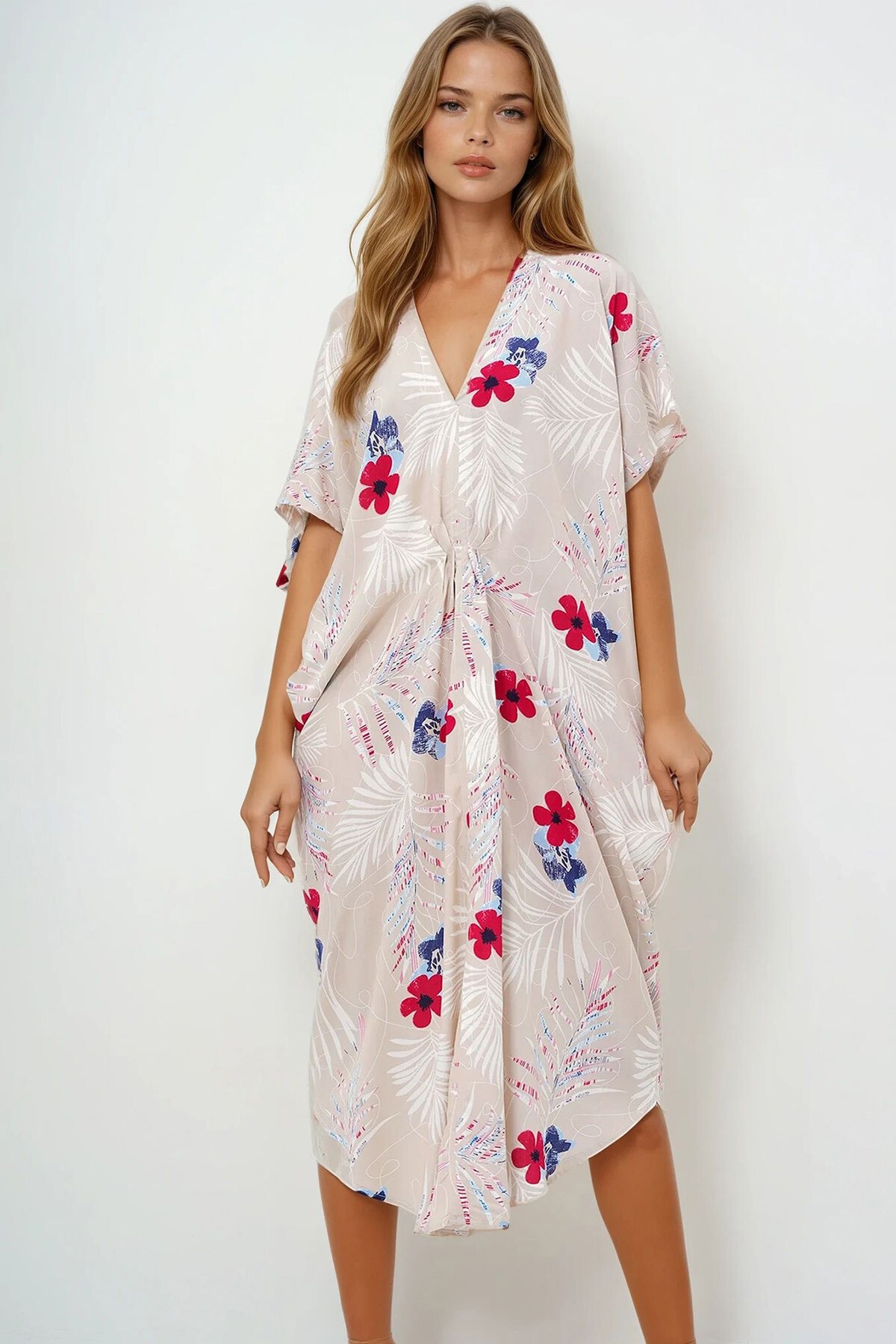 Bej V Yaka Desenli Yazlık Maxi Boy Dokuma Elbise