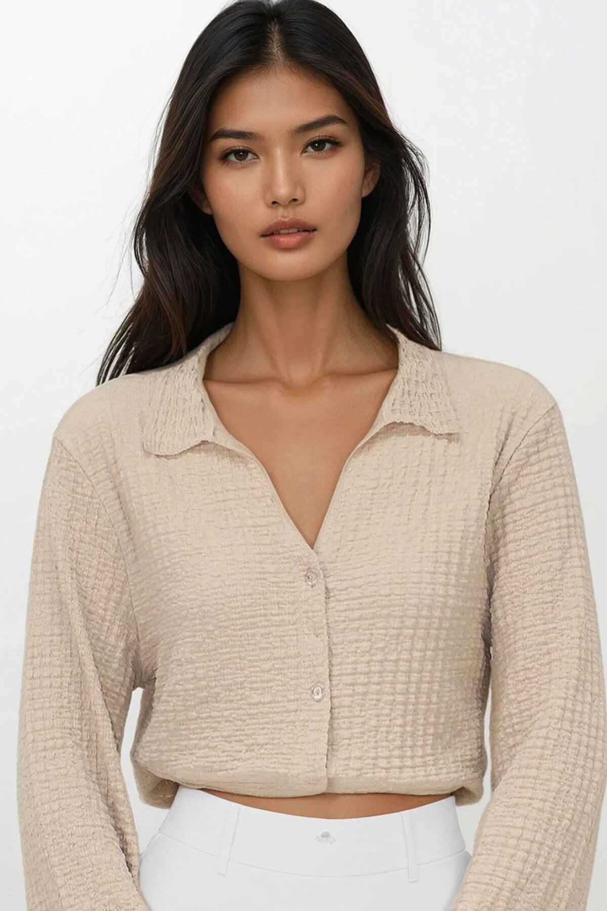 Bej V Yaka İspanyol Kollu Gofre Kumaş Yazlık Gömlek