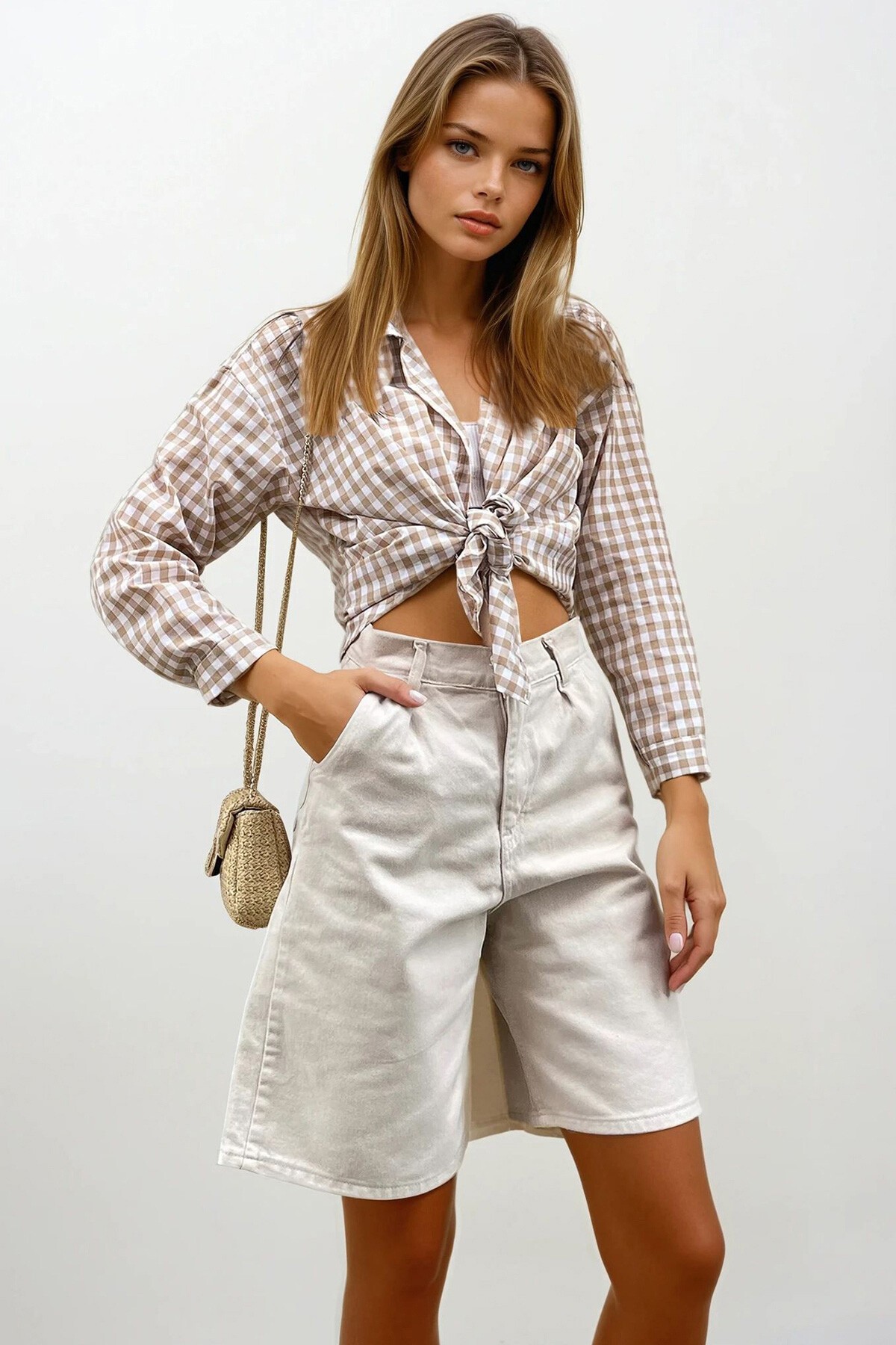 Bej Yüksek Bel Wide Leg Bermuda Denim Şort