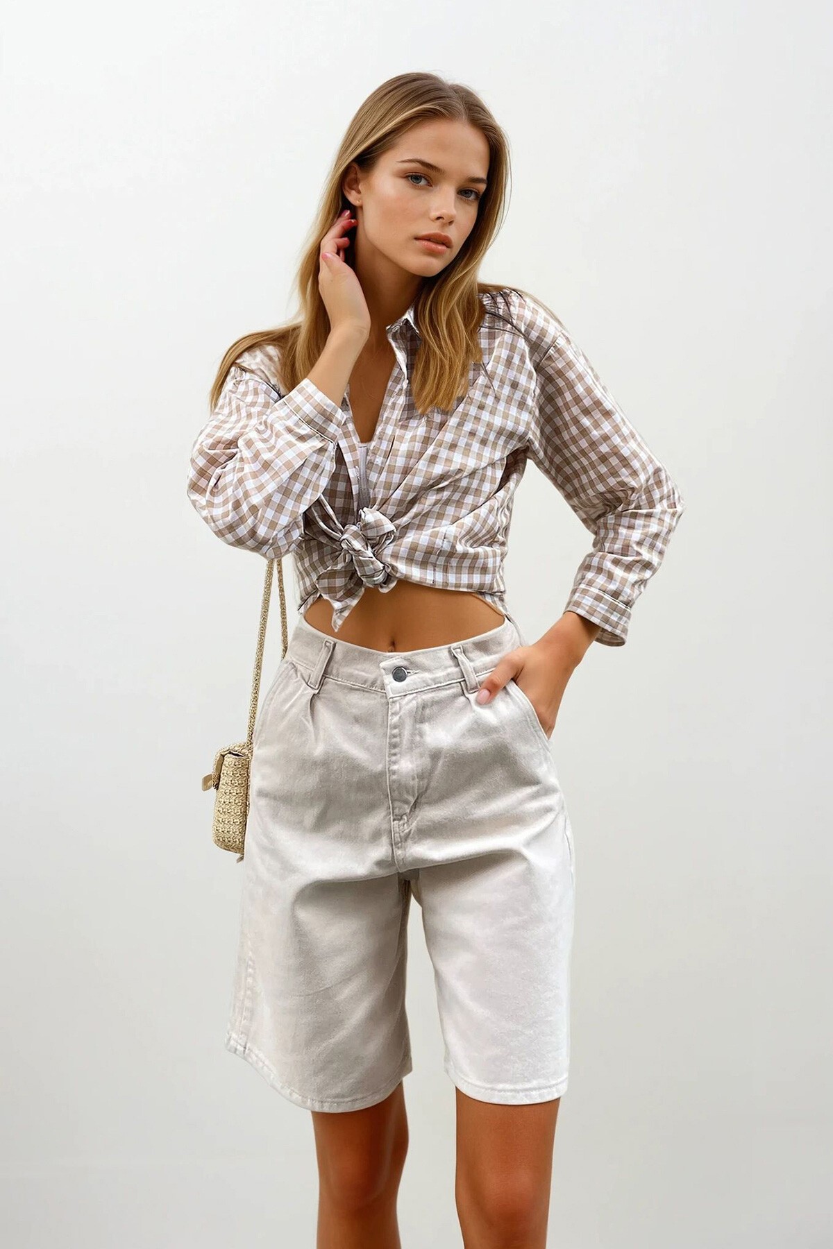 Bej Yüksek Bel Wide Leg Bermuda Denim Şort