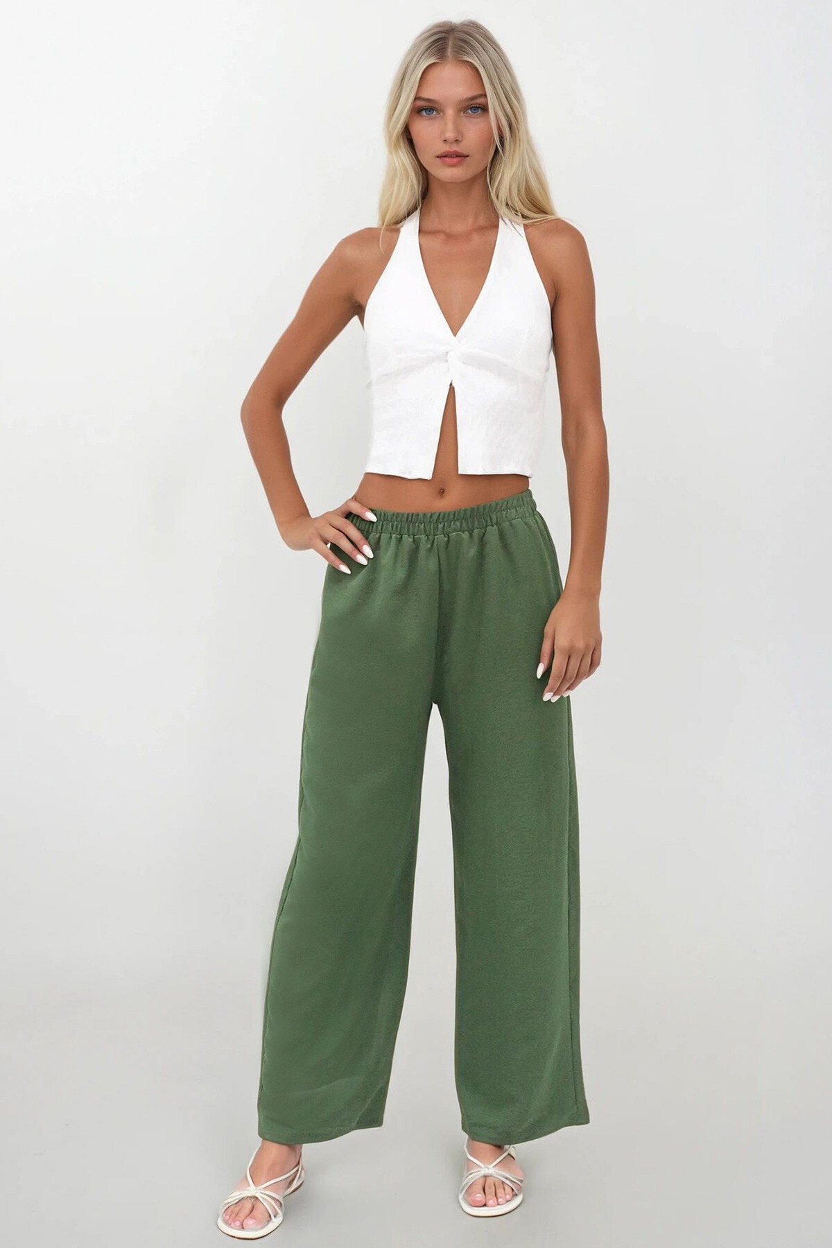 Haki Beli Lastikli Aerobin Palazzo Pantolon