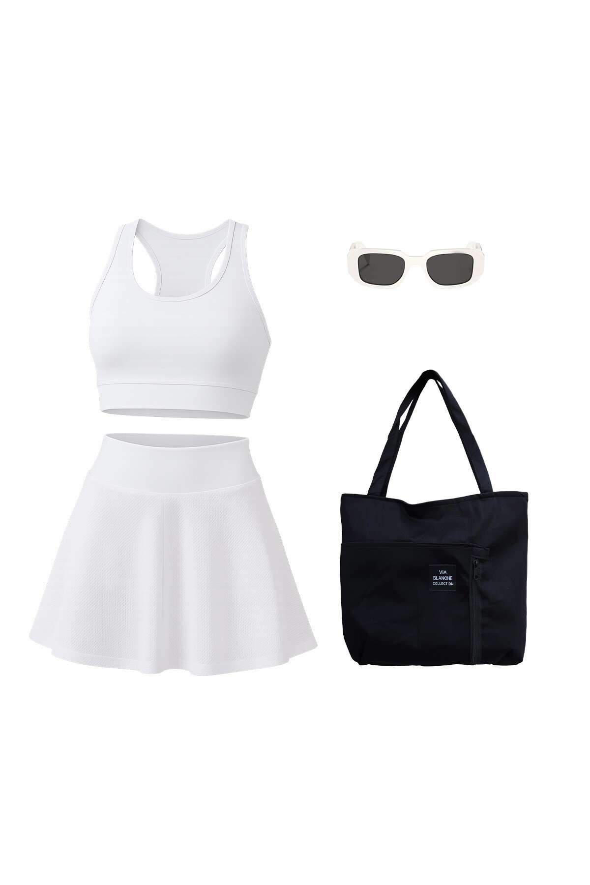 Beyaz Beli Lastikli Şort Etek Crop Atlet Çanta Ve Kare Güneş Gözlüğü Takım Stay Fit V00024