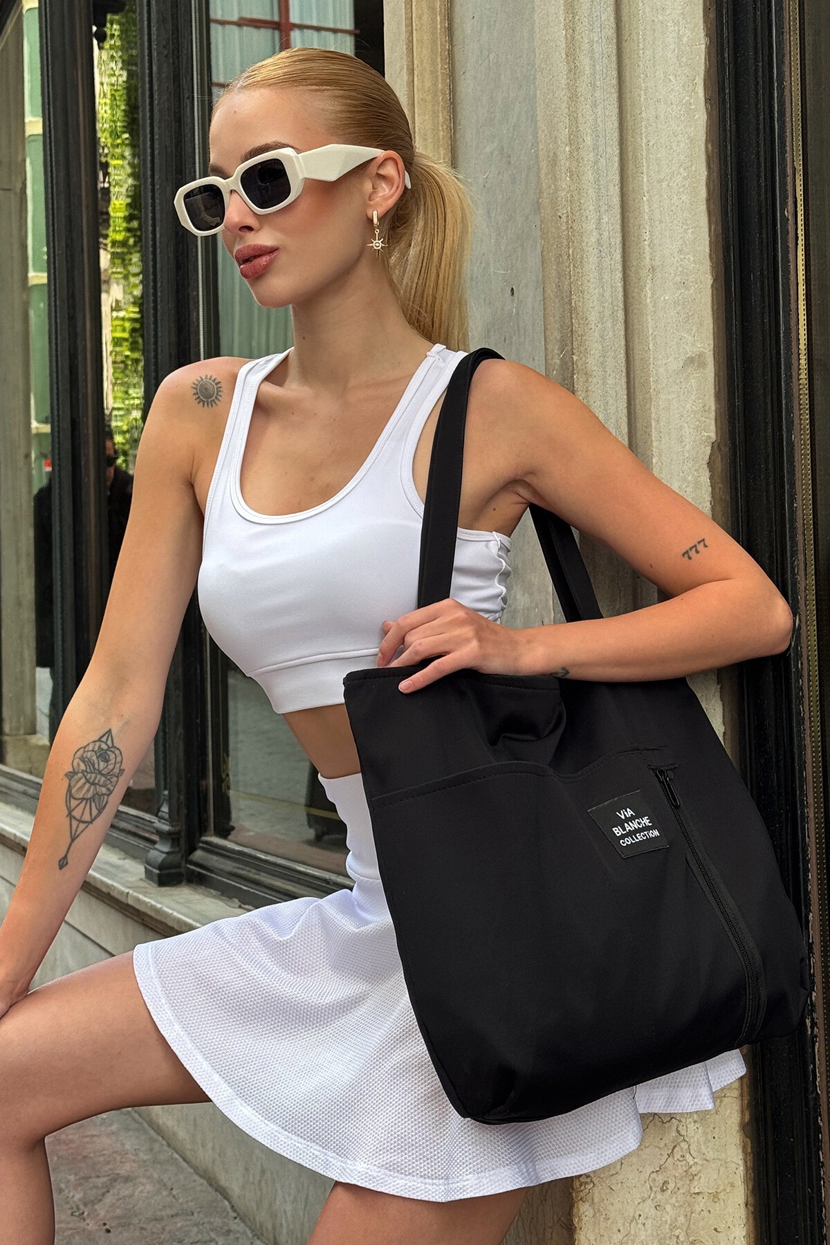 Beyaz Beli Lastikli Şort Etek Crop Atlet Çanta Ve Kare Güneş Gözlüğü Takım Stay Fit V00024