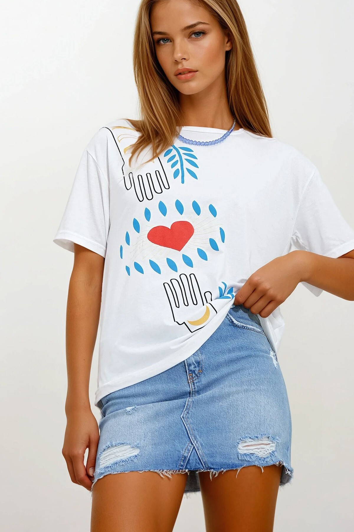 Beyaz Bisiklet Yaka Baskılı Oversize Penye T-Shirt