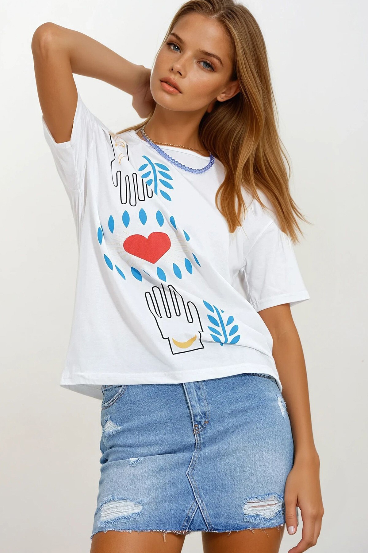 Beyaz Bisiklet Yaka Baskılı Oversize Penye T-Shirt