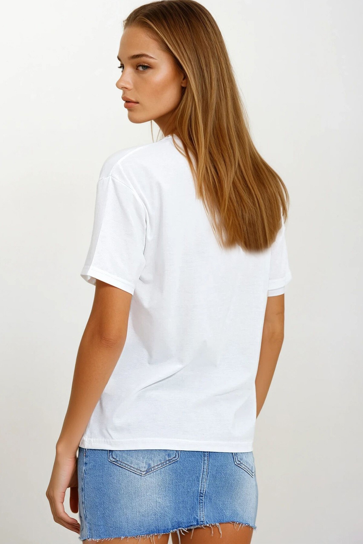 Beyaz Bisiklet Yaka Baskılı Oversize Penye T-Shirt