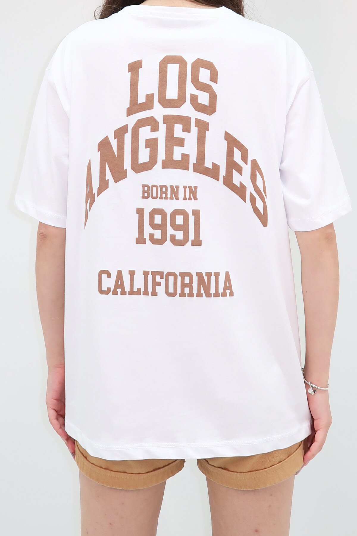 Beyaz Bisiklet Yaka Baskılı Oversize T Shirt