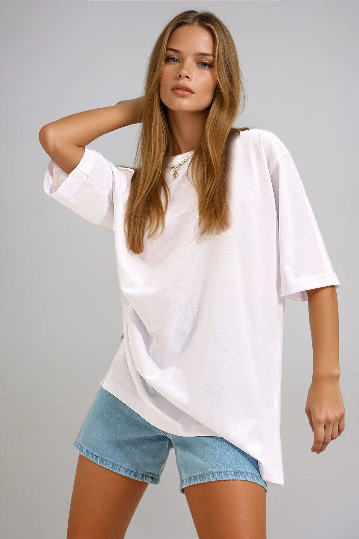 Beyaz Bisiklet Yaka Duble Kol Oversize Pamuklu Basic T Shirt