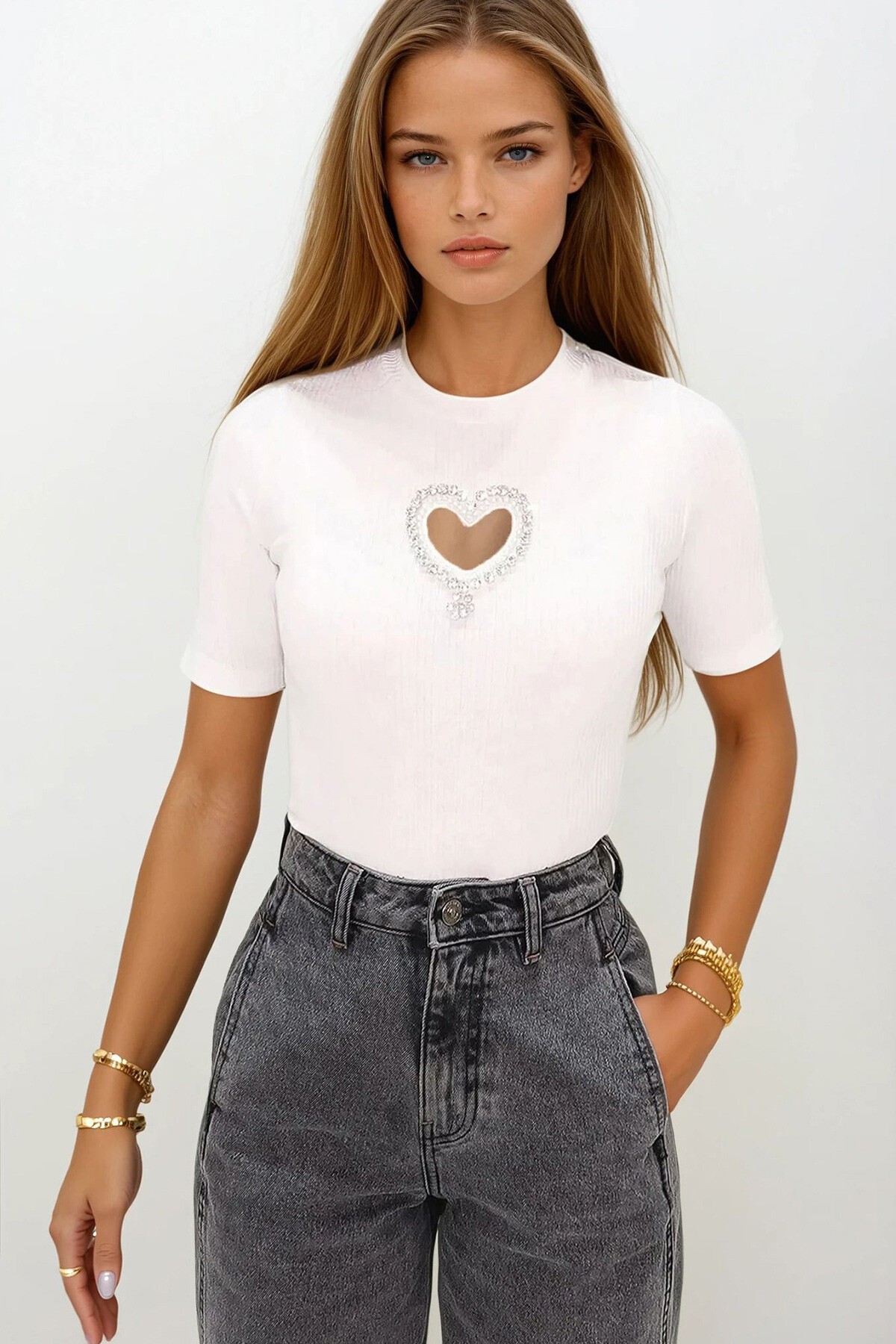 Beyaz Bisiklet Yaka Taş İşlemeli Kaşkorse  Bluz