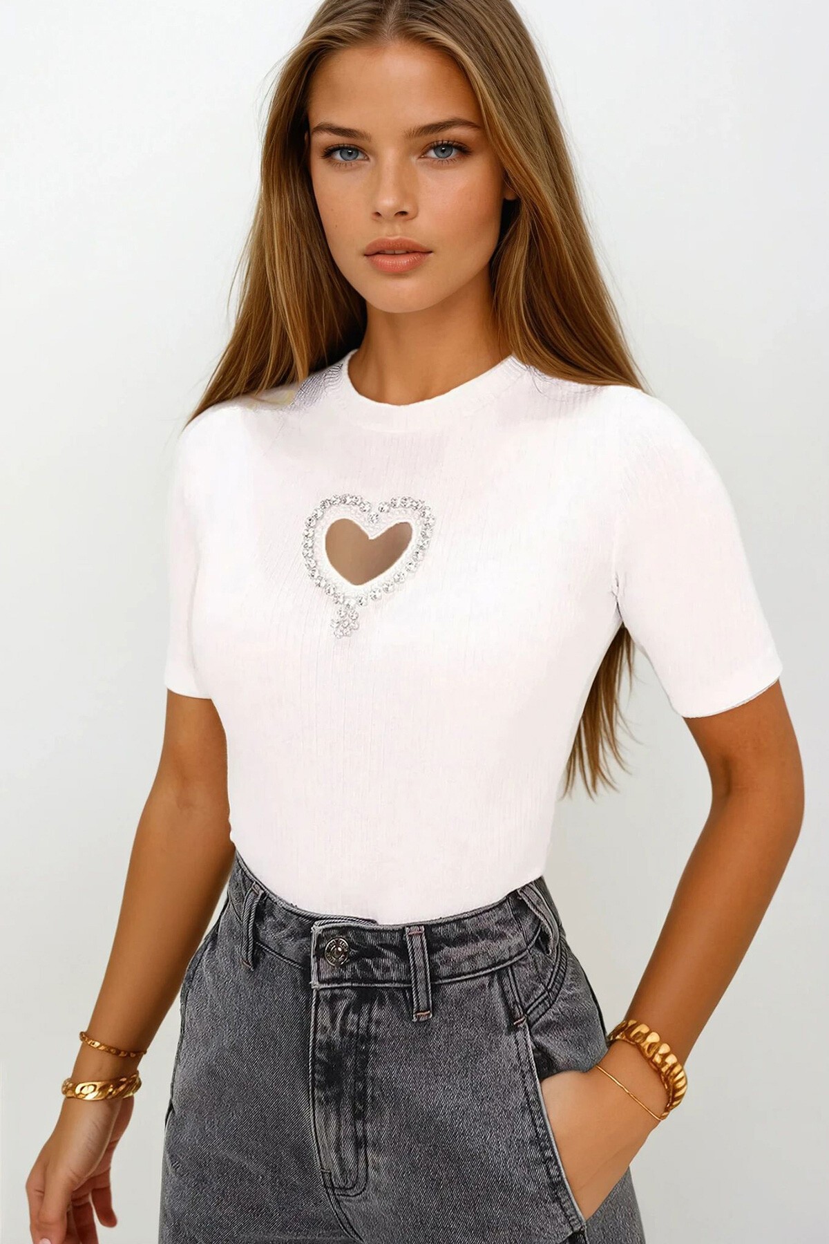 Beyaz Bisiklet Yaka Taş İşlemeli Kaşkorse  Bluz