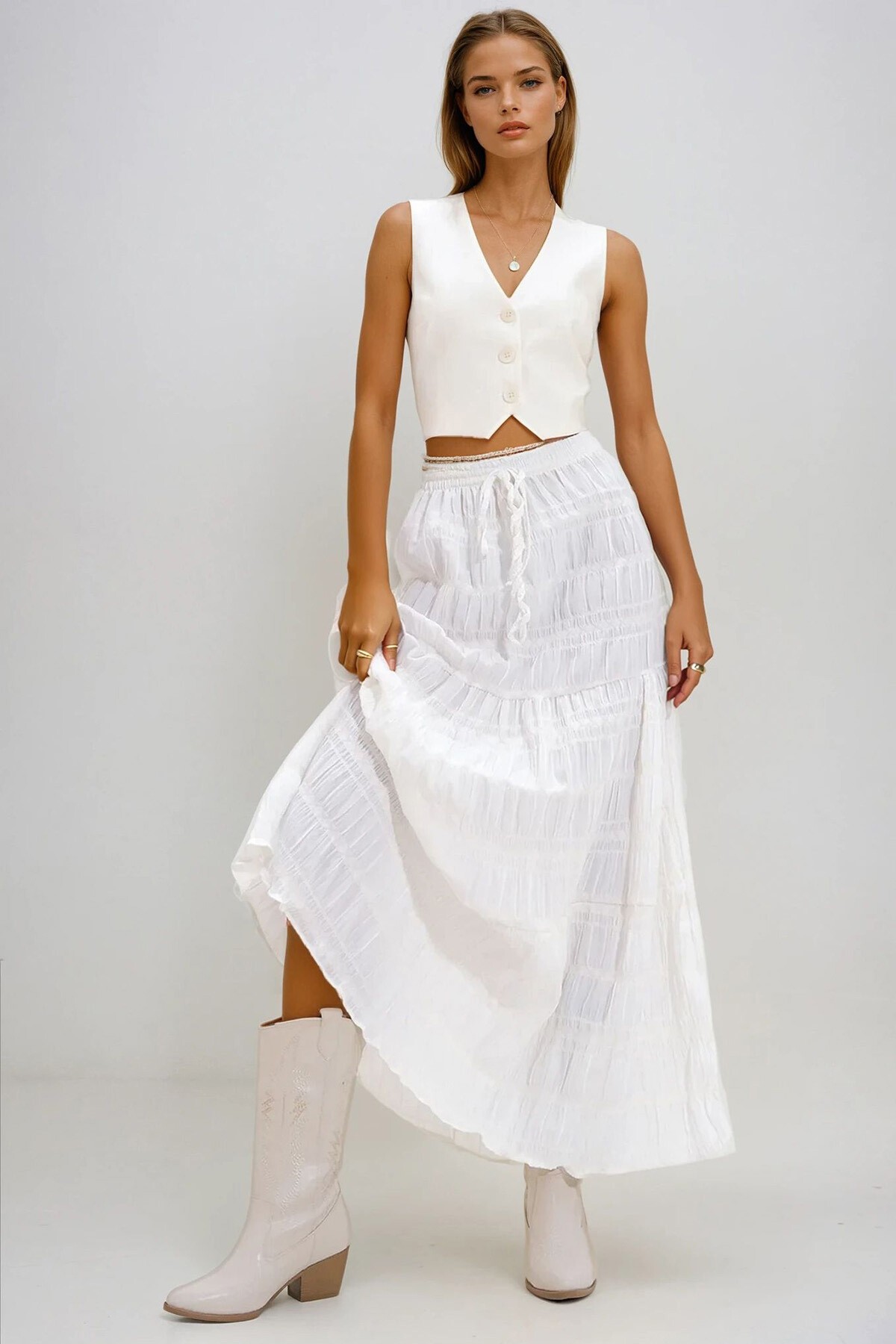 Beyaz Dantel Detaylı Bohem Etek