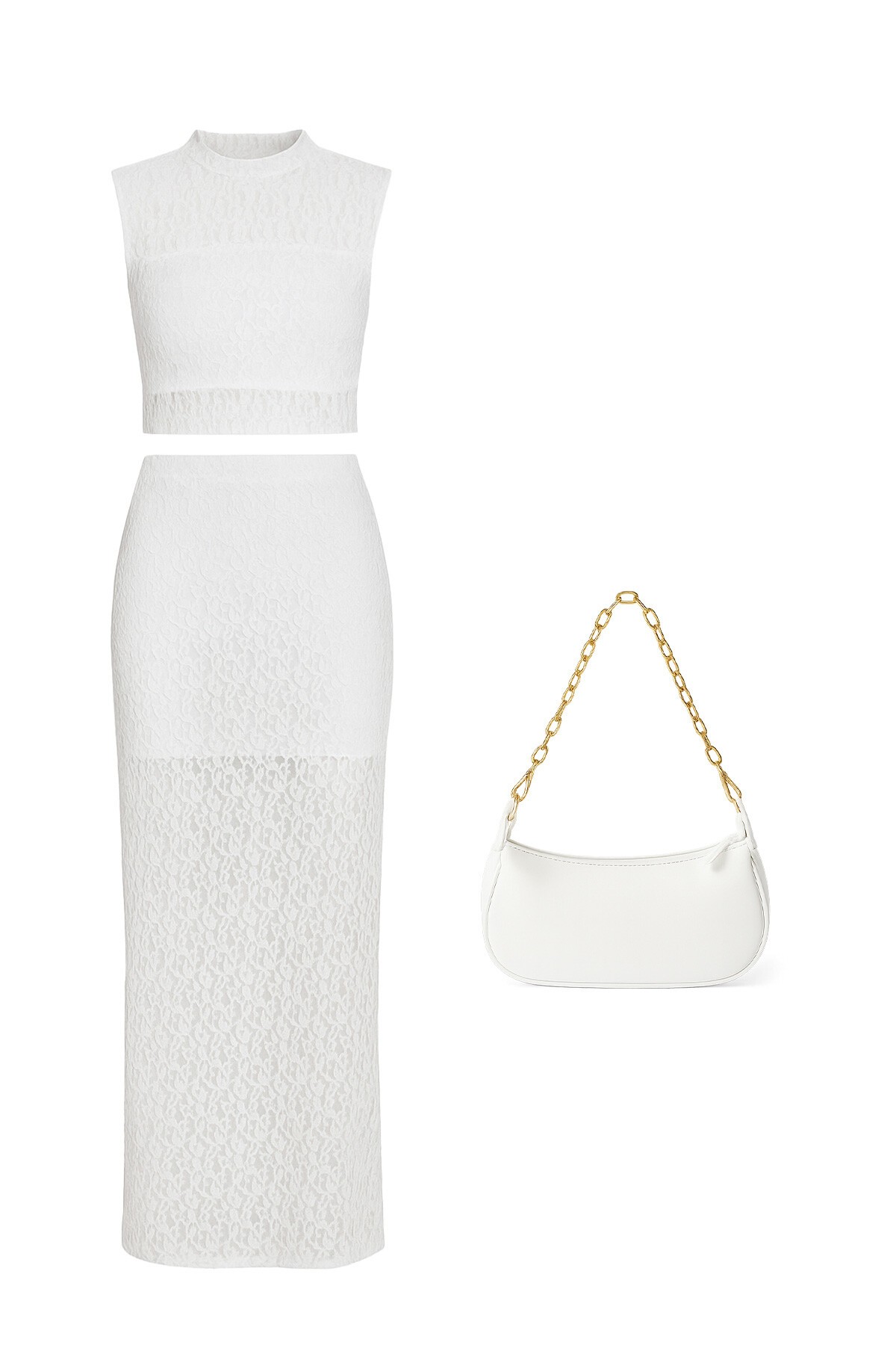 Beyaz Dantel İşlemeli Bluz Çanta Ve Etek Takım Magic Touch V00007