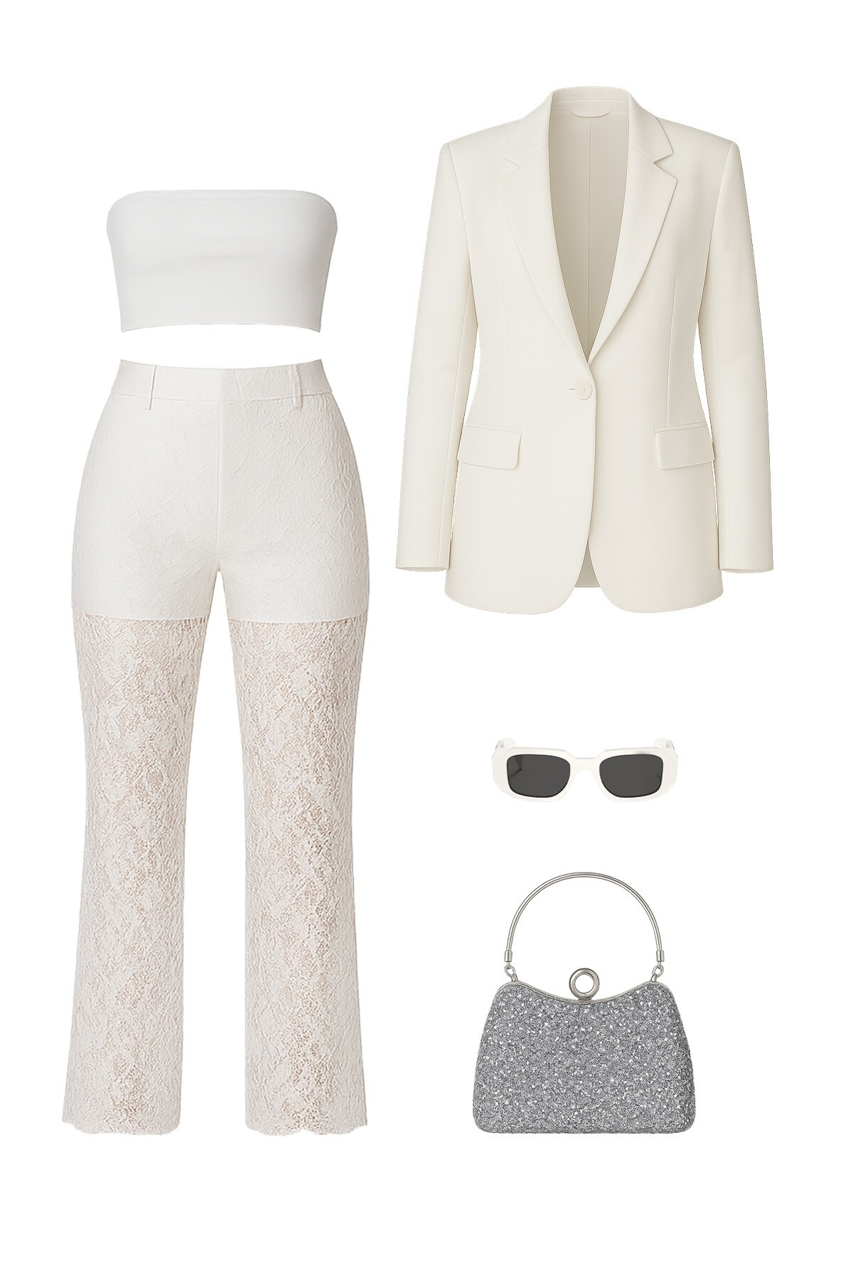 Beyaz Dantel İşlemeli Pantolon Blazer Ceket Büstiyer Ve Çanta Takım Magic Touch V00004