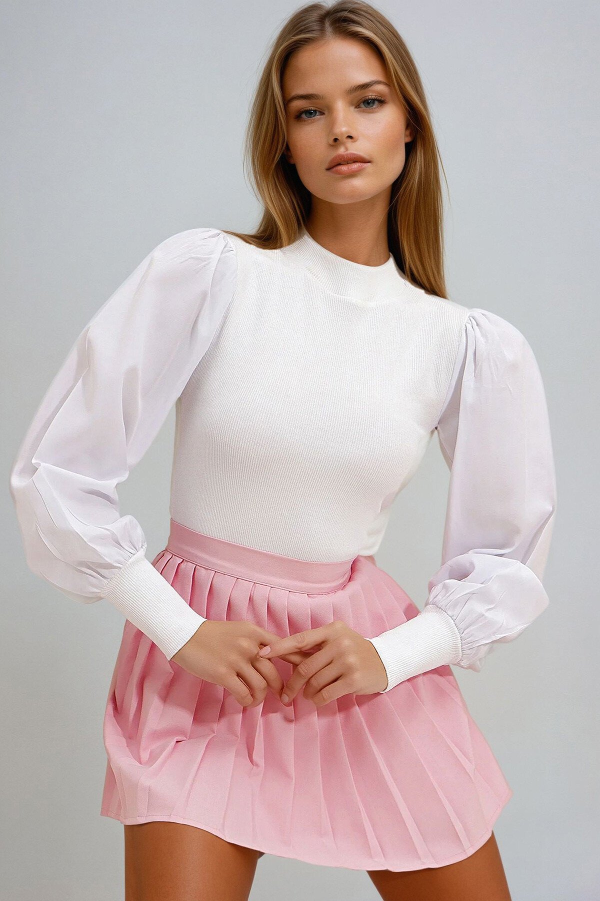 Beyaz Dik Yaka İnce Fitilli Prenses Poplin Kol Dokuma Bluz