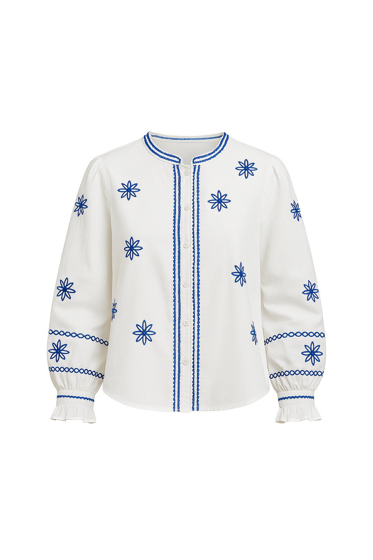 Beyaz Hakim Yaka Nakış İşlemeli Gömlek