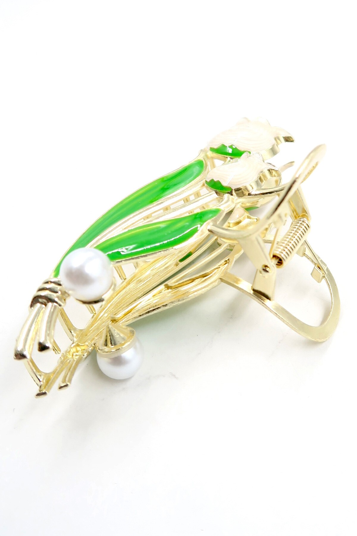 Beyaz Kabartlı Mineli İncili Lale Saç Tokası