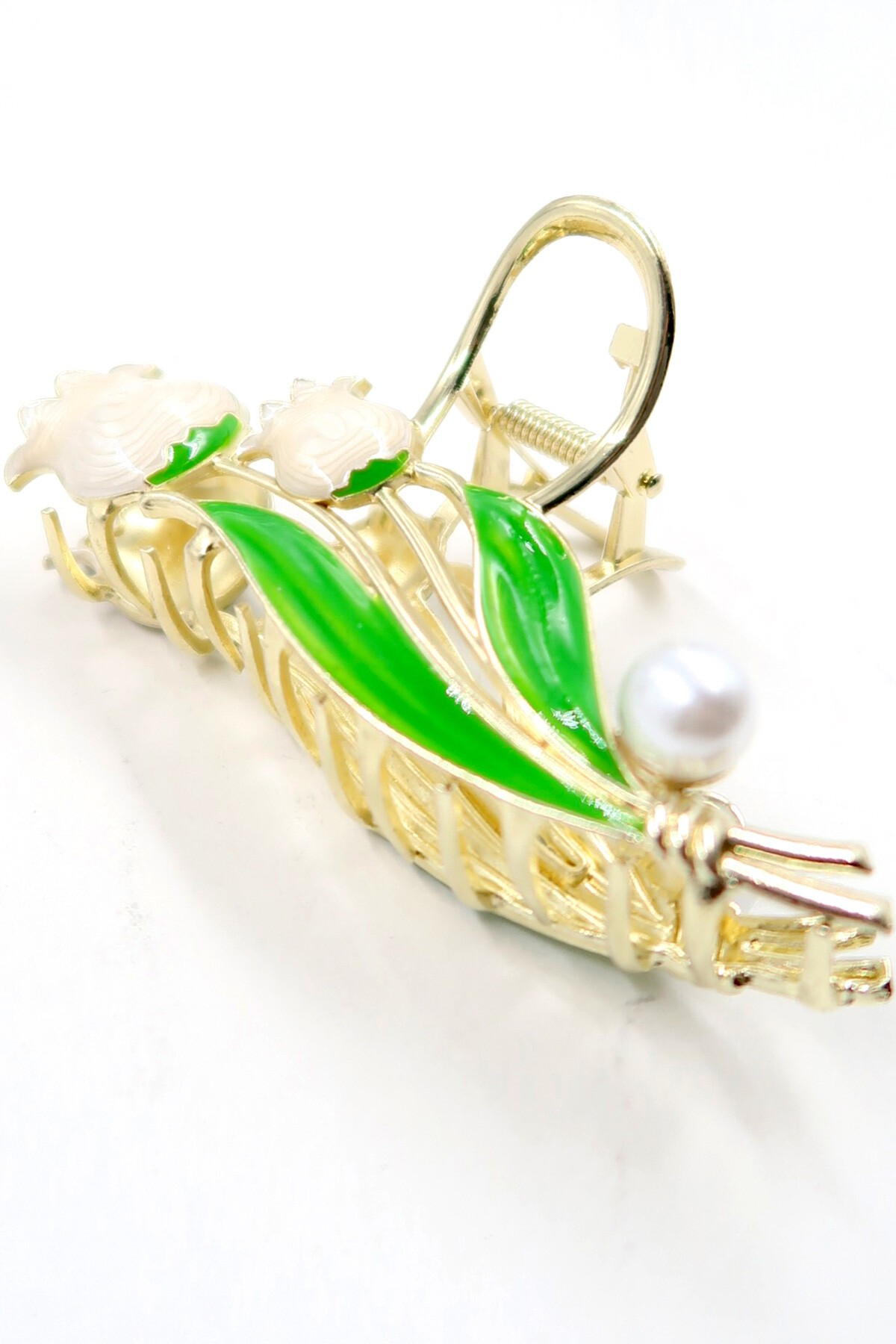 Beyaz Kabartlı Mineli İncili Lale Saç Tokası