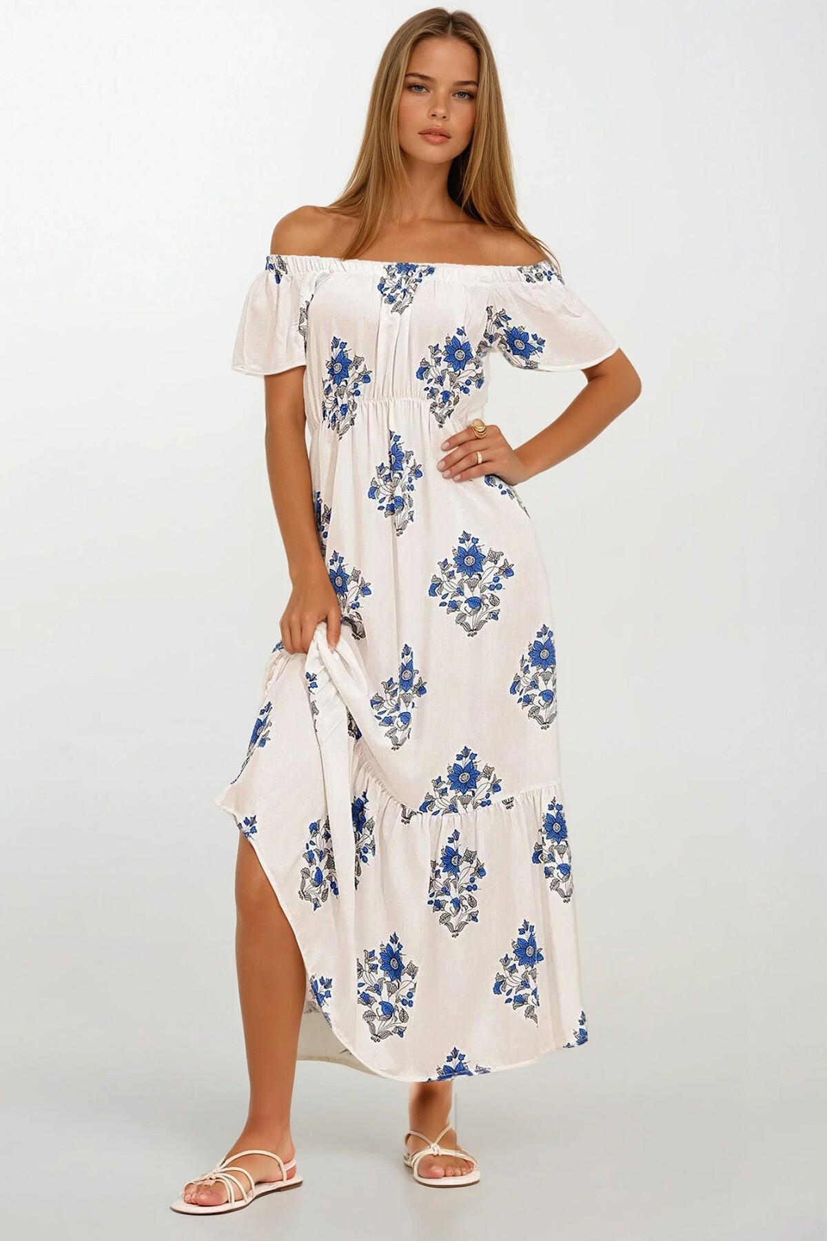 Beyaz Madonna Yaka Dokuma Viskon Elbise