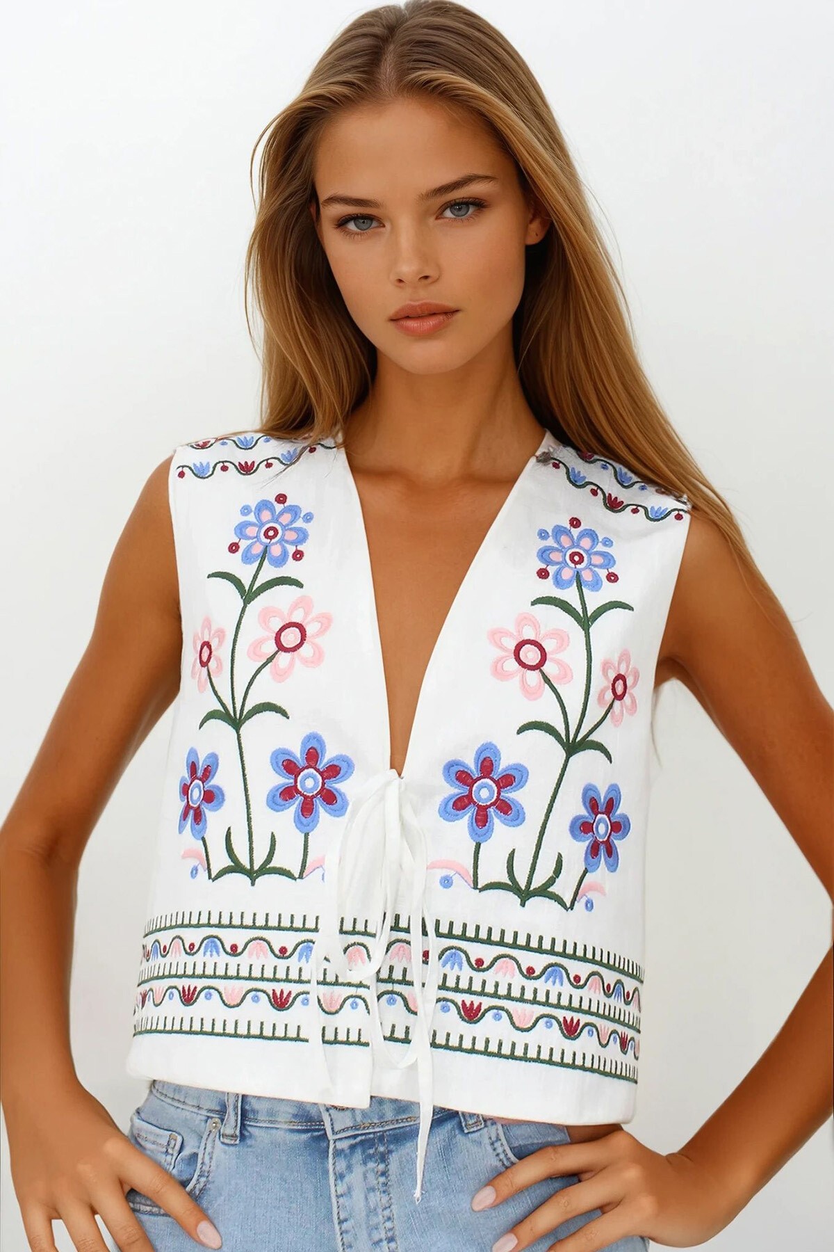 Beyaz Nakışlı Bağcık Detaylı Tasarım Ham Keten Yelek