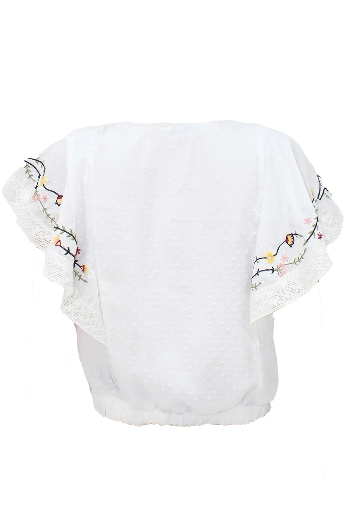 Beyaz V Yaka Fisto Ve Nakış İşlemeli Bluz