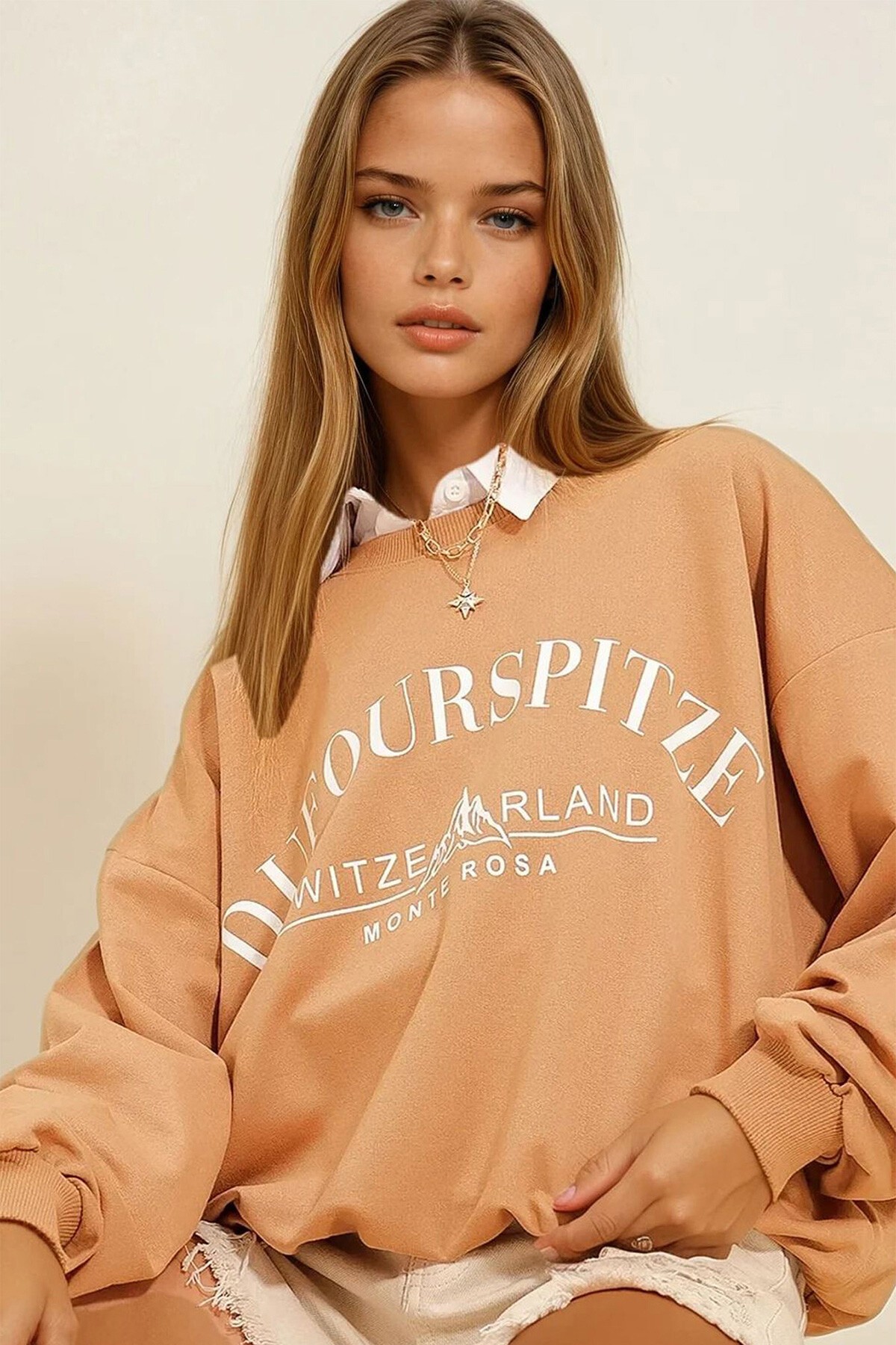 Bisküvi Bisiklet Yaka Yazı Baskılı Oversize Sweatshirt