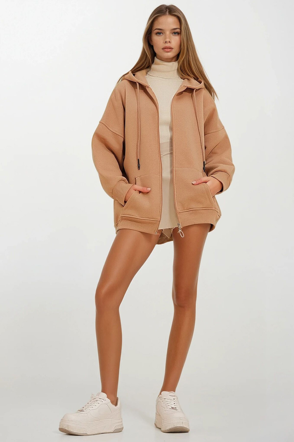 Bisküvi Kapüşonlu Kanguru Cepli Fermuarlı Şardonlu Sweatshirt