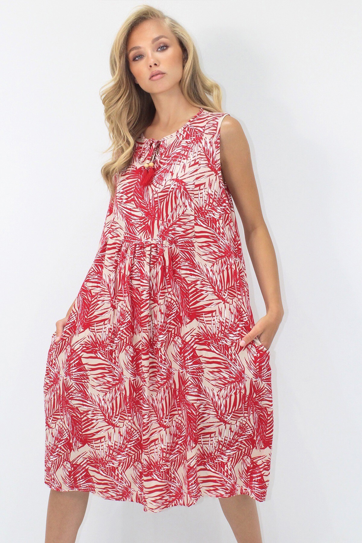 Bordo Bisiklet Yaka Bağlama Detaylı Desenli Çift Cepli Dokuma Viskon Elbise