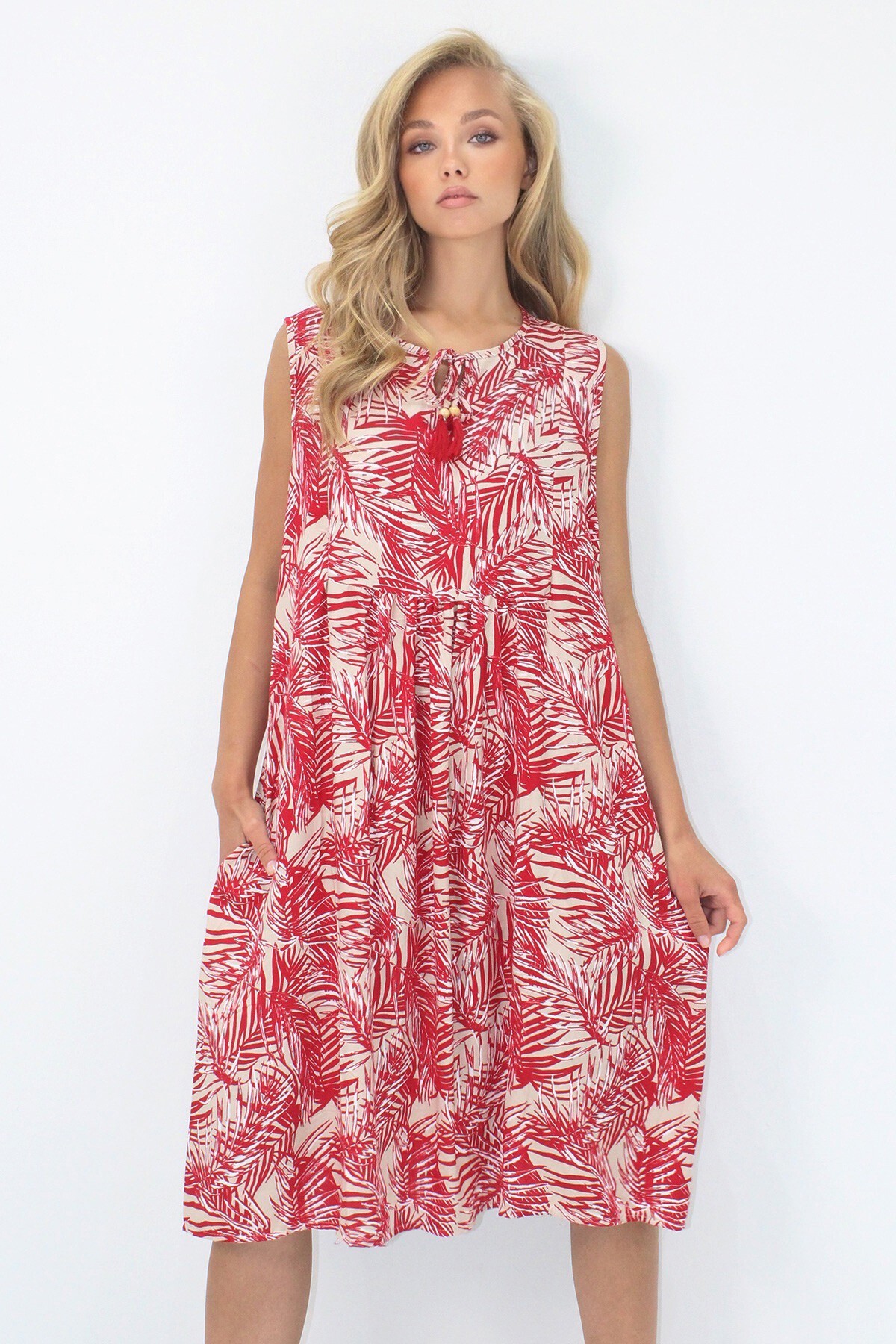 Bordo Bisiklet Yaka Bağlama Detaylı Desenli Çift Cepli Dokuma Viskon Elbise