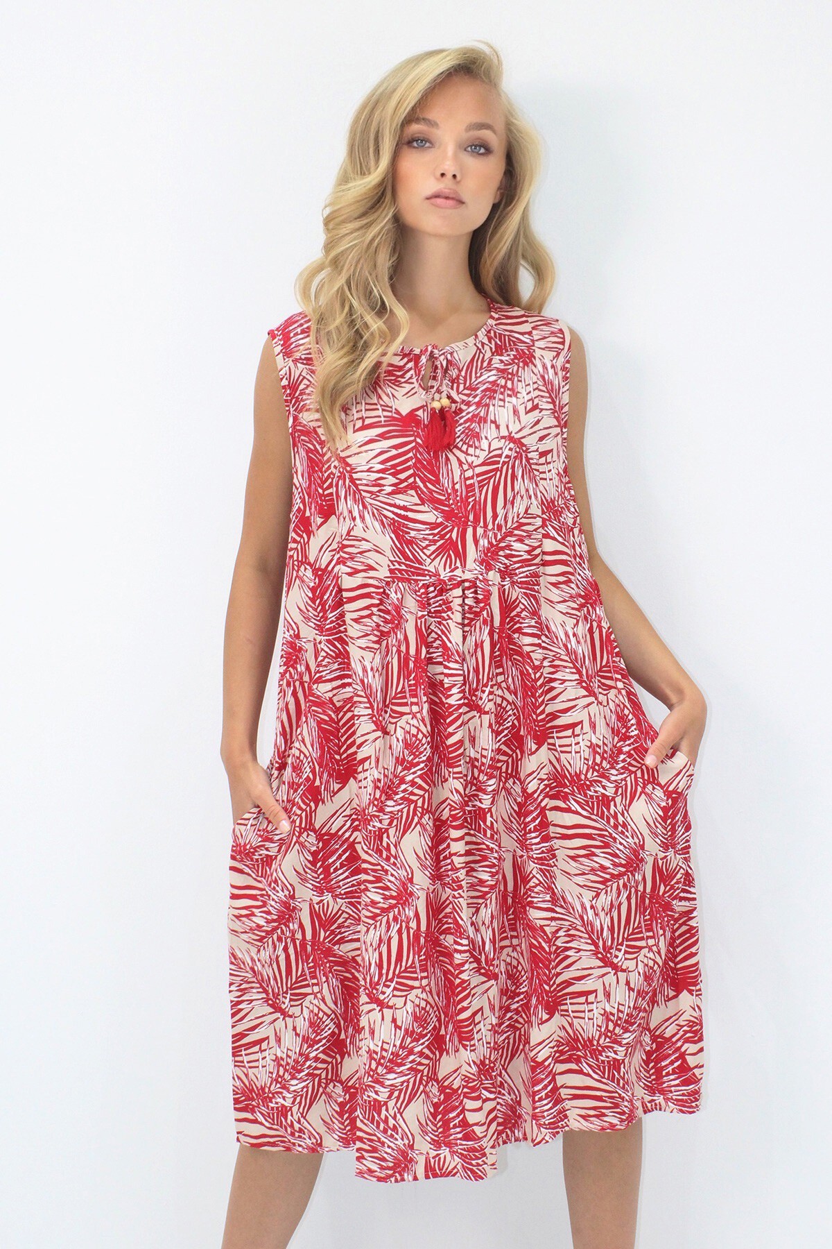 Bordo Bisiklet Yaka Bağlama Detaylı Desenli Çift Cepli Dokuma Viskon Elbise