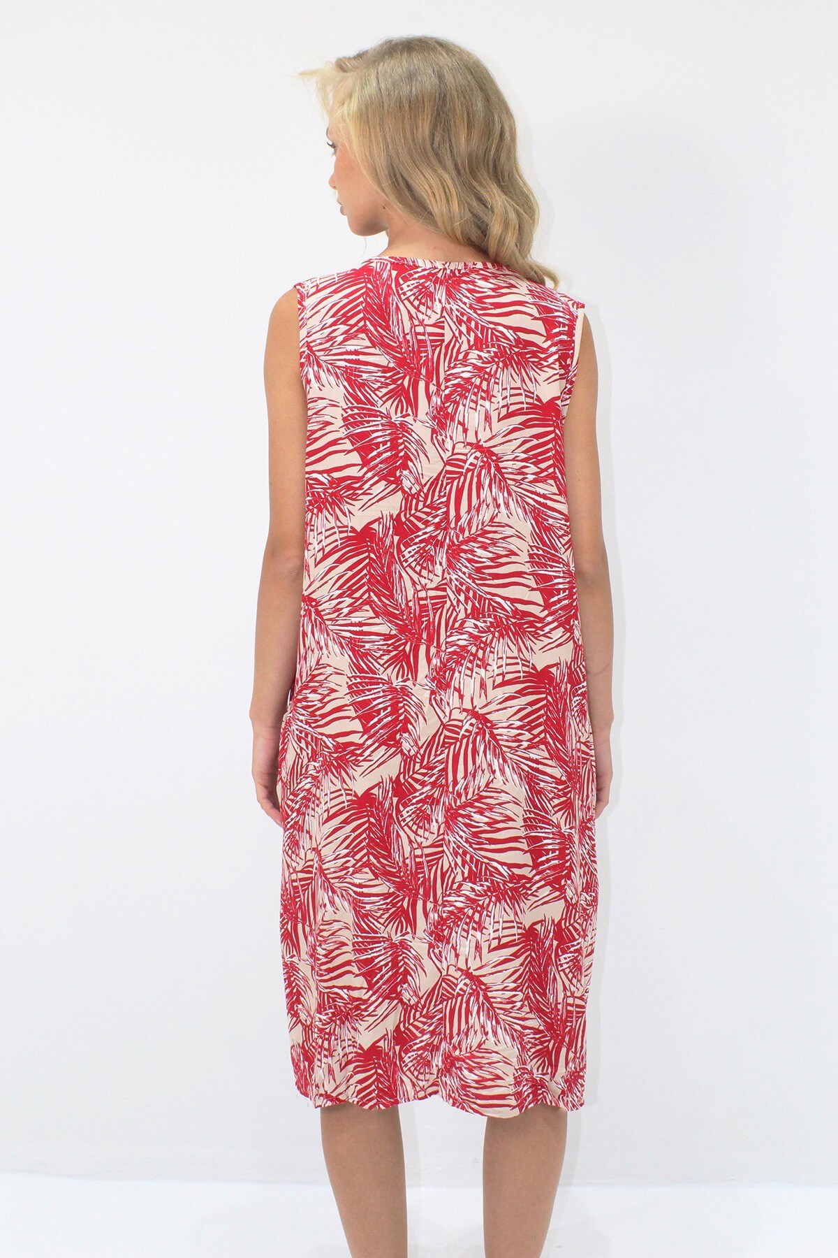 Bordo Bisiklet Yaka Bağlama Detaylı Desenli Çift Cepli Dokuma Viskon Elbise