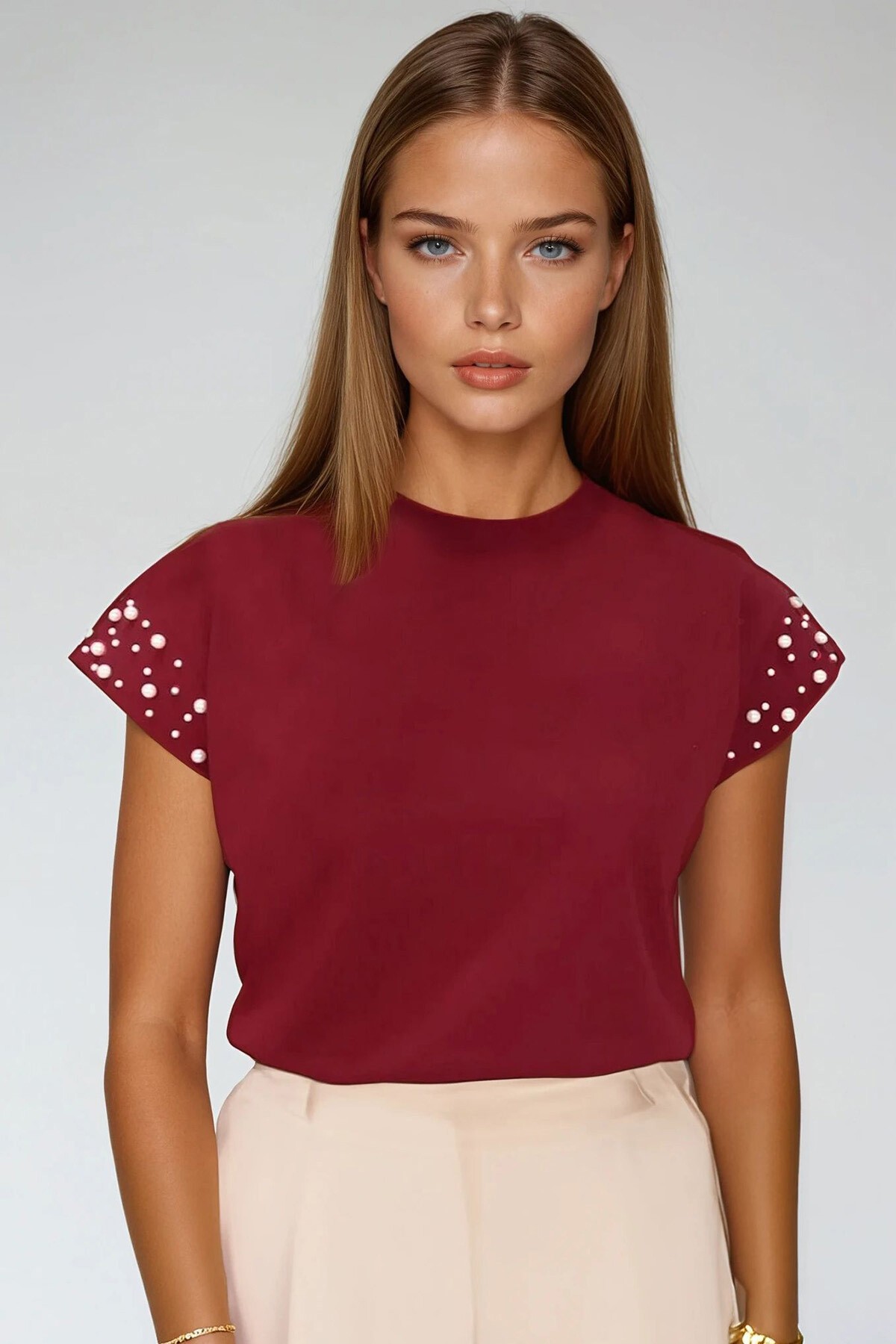 Bordo Bisiklet Yaka İnci Çakımlı Kolsuz  Bluz