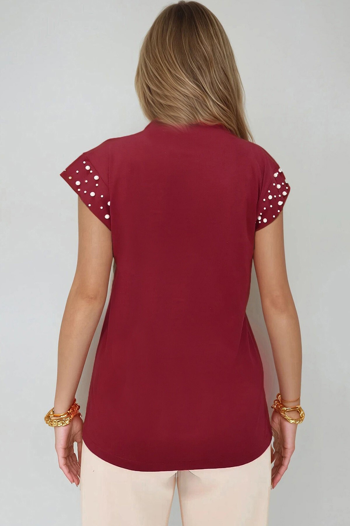 Bordo Bisiklet Yaka İnci Çakımlı Kolsuz  Bluz