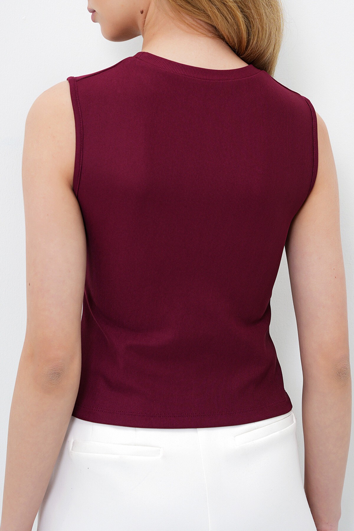 Bordo Bisiklet Yaka İnci Çakımlı Yazlık Crop Bluz