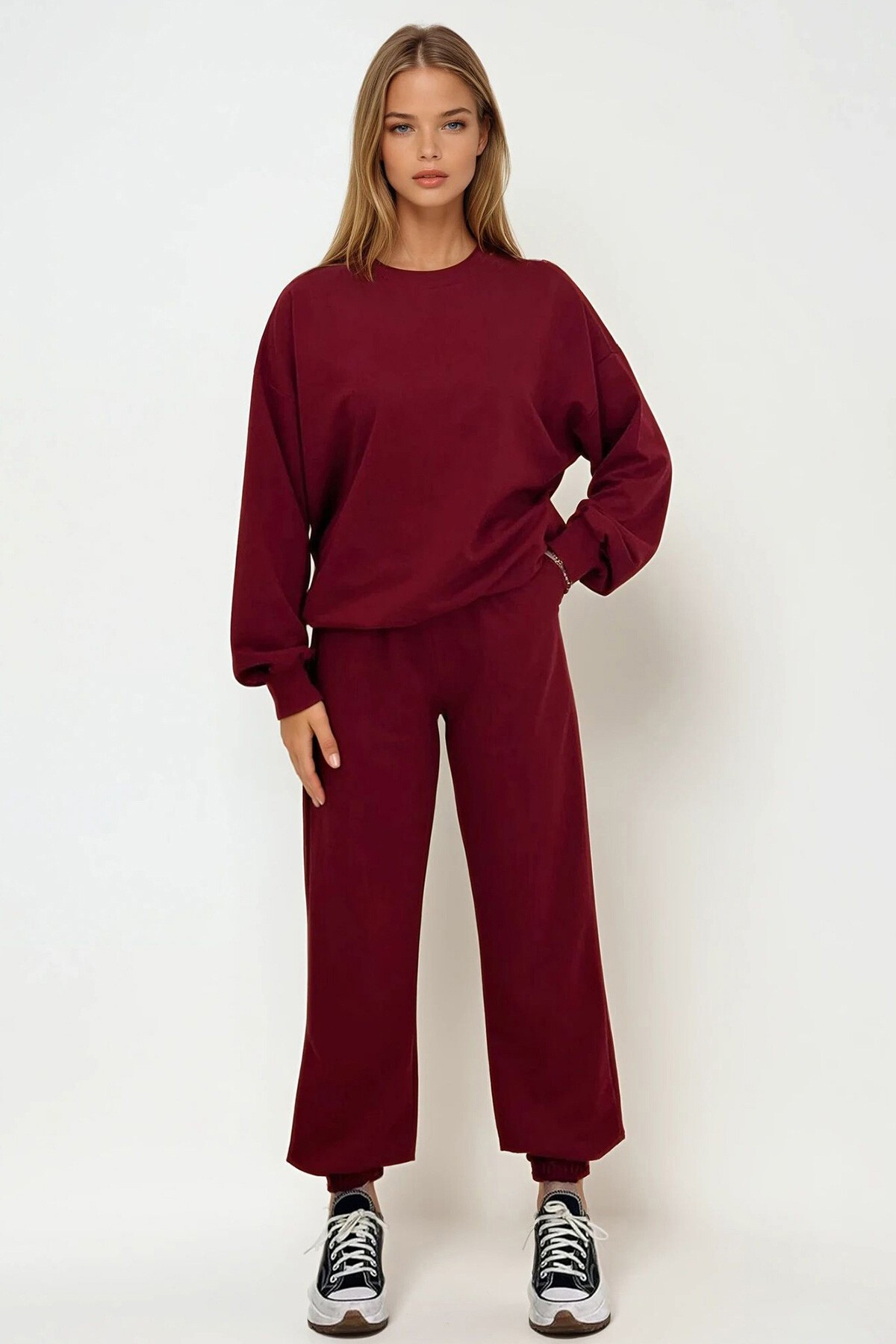 Bordo Bisiklet Yaka Mevsimlik İki İplik Eşofman Takım