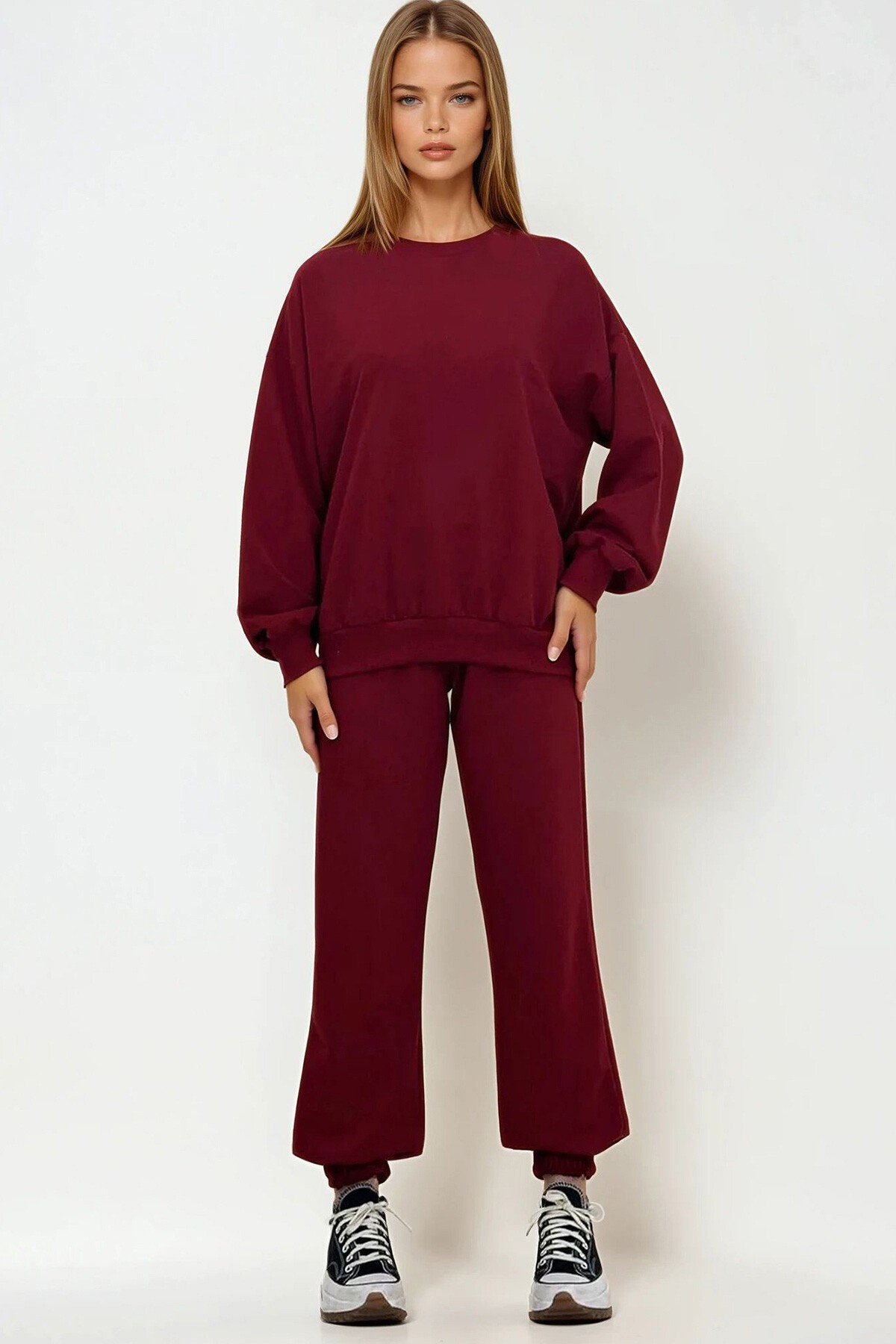 Bordo Bisiklet Yaka Mevsimlik İki İplik Eşofman Takım