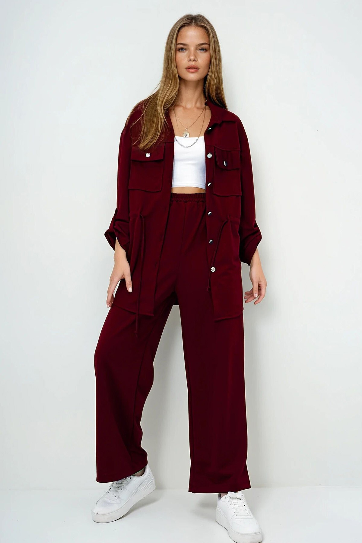 Bordo Çift Cepli Safari Ceket Ve Beli Lastikli Wide Leg Pantolonlu Krep Alt Üst Takım