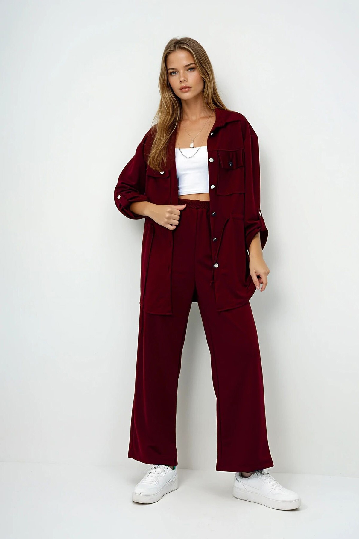 Bordo Çift Cepli Safari Ceket Ve Beli Lastikli Wide Leg Pantolonlu Krep Alt Üst Takım