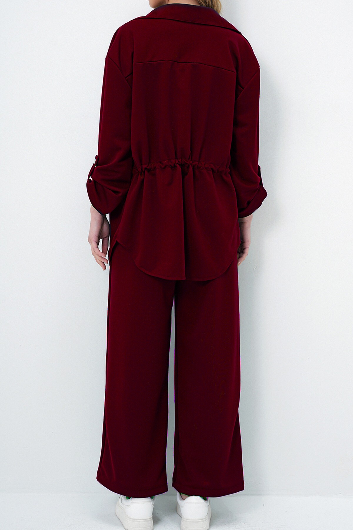 Bordo Çift Cepli Safari Ceket Ve Beli Lastikli Wide Leg Pantolonlu Krep Alt Üst Takım