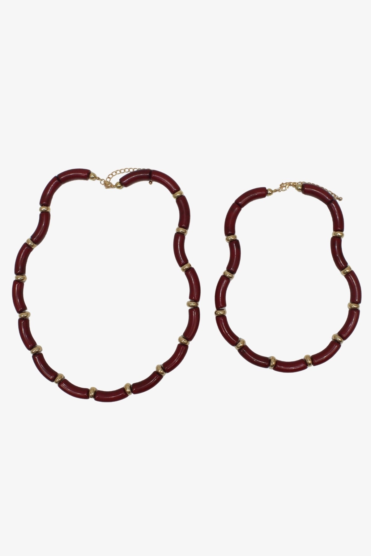 Bordo Gold Detaylı Kemikli İkili Kolye Seti