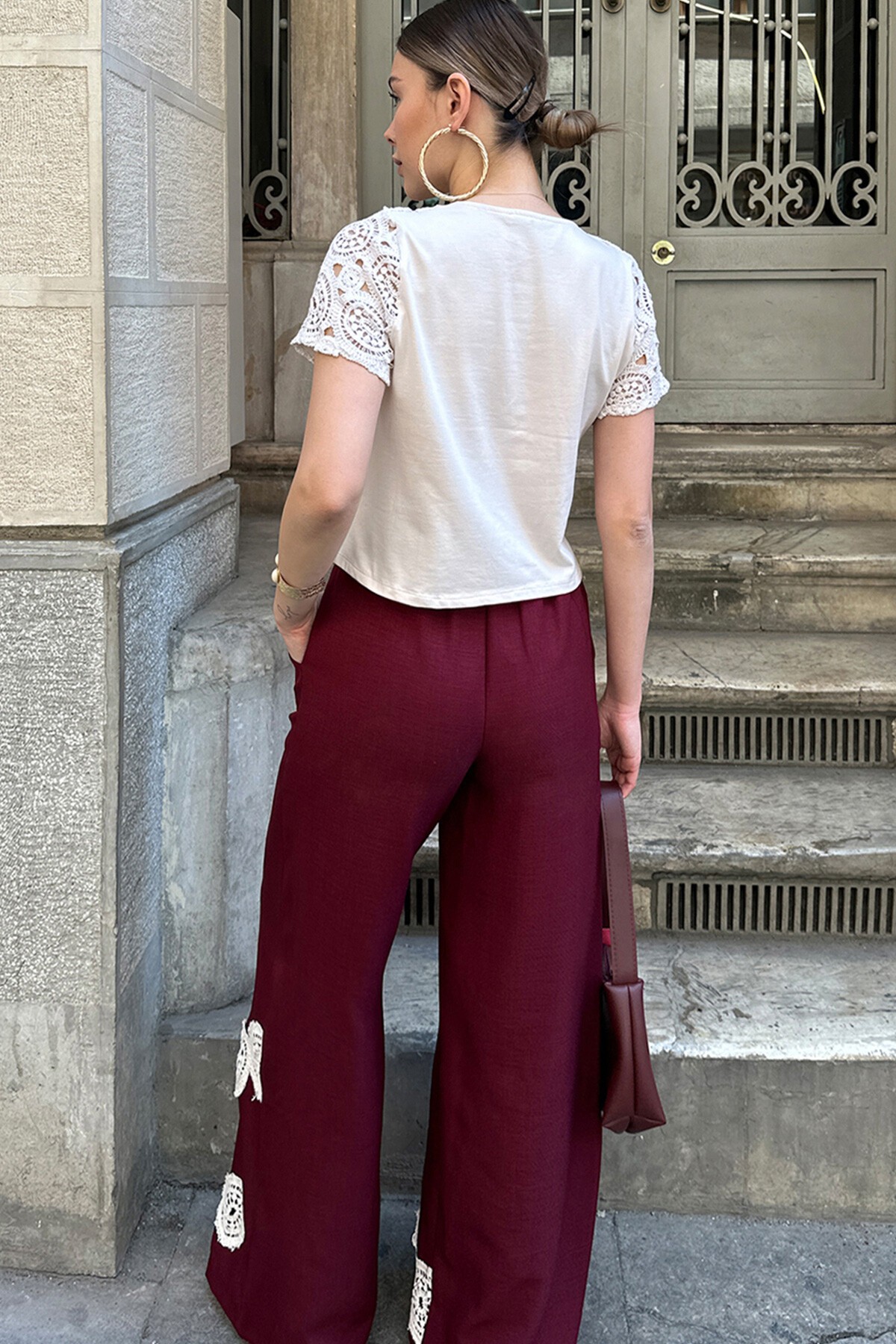 Bordo Güpür Detaylı Beli Lastikli Palazzo Pantolon