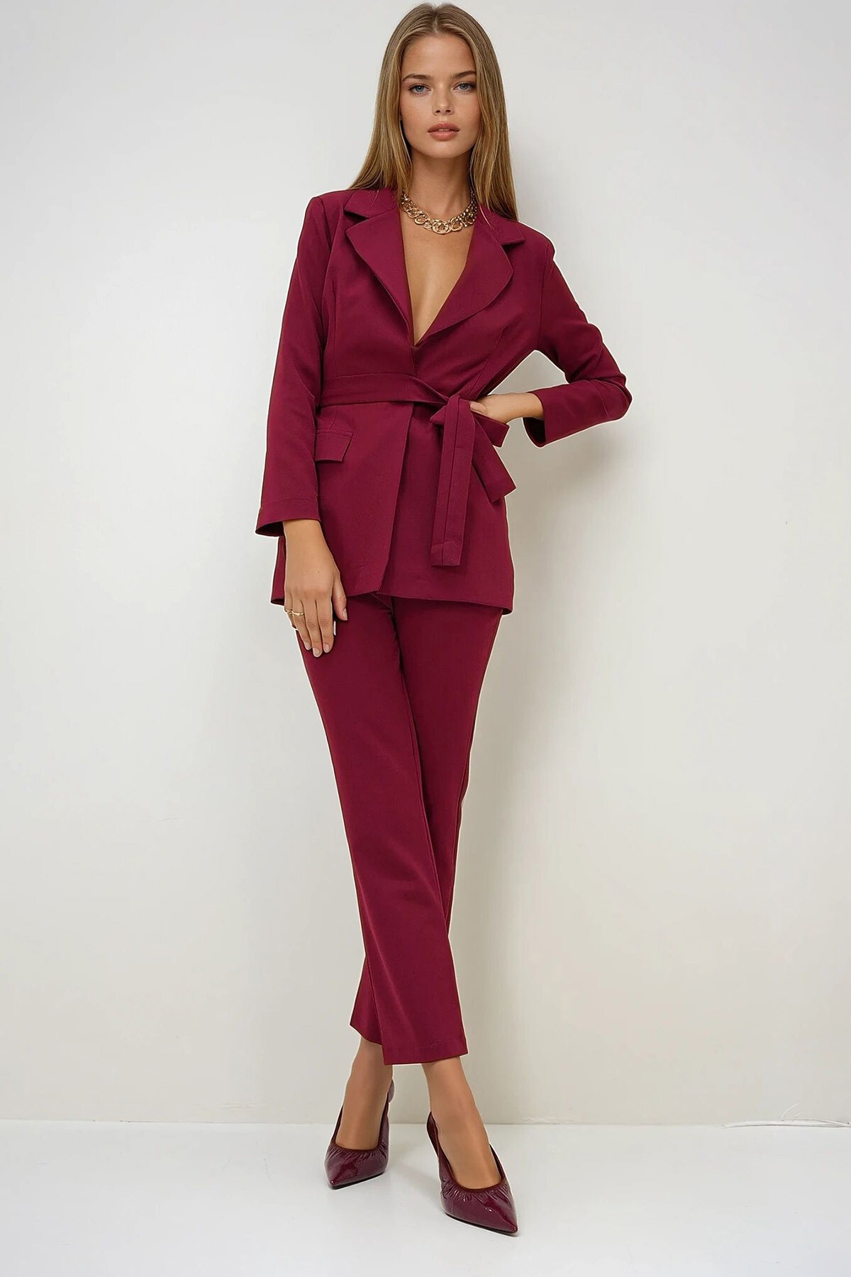 Bordo İçi Astarlı Blazer Ceket Ve Pantolonlu Alt Üst Takım