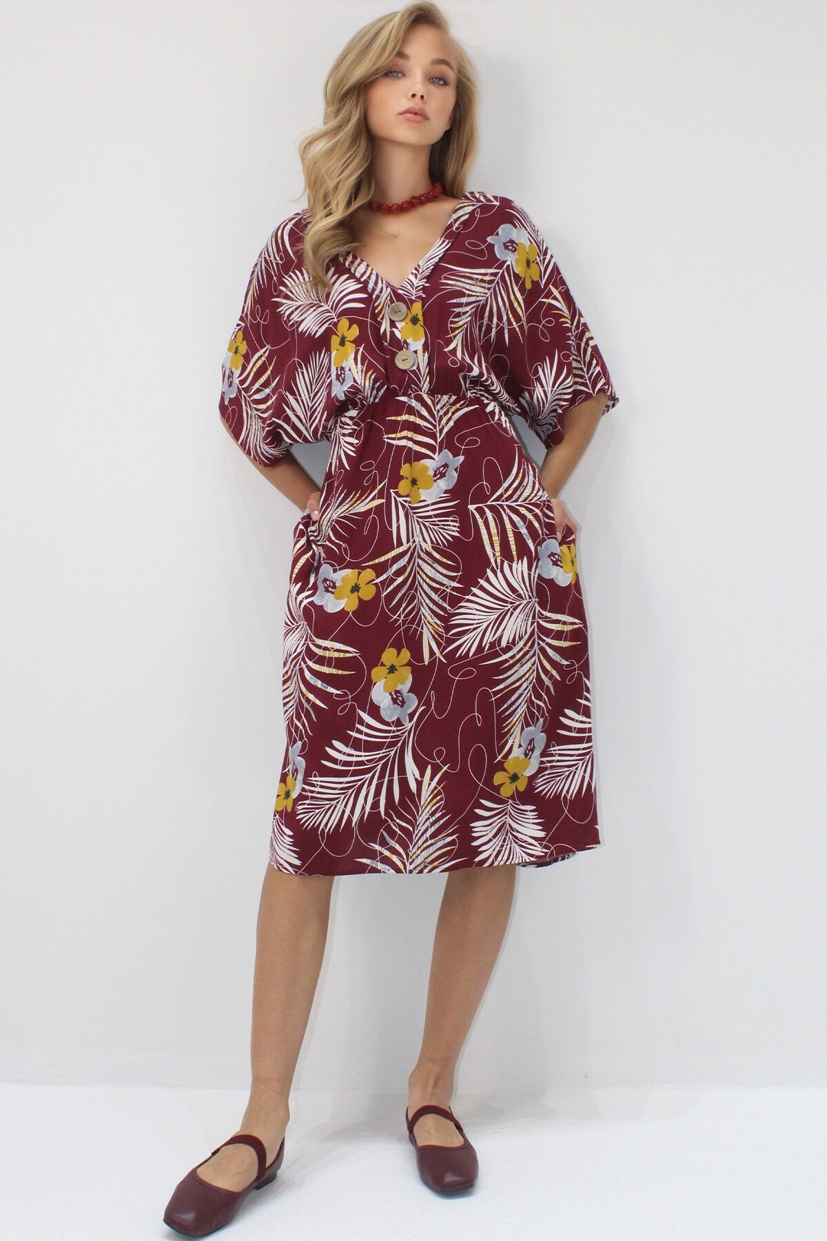 Bordo Ön Arka V Yaka Coconut Düğmeli Çift Cepli Desenli Dokuma Viskon Elbise