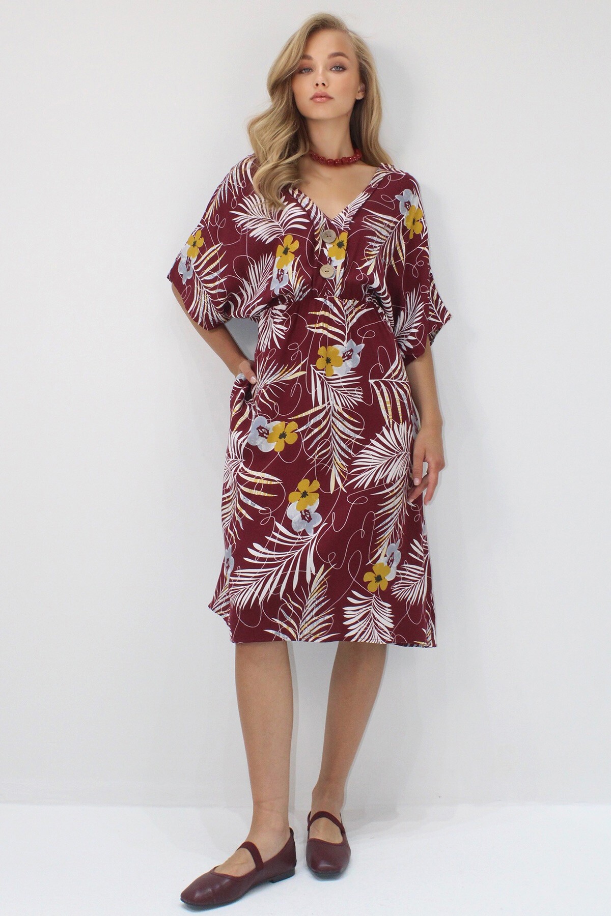 Bordo Ön Arka V Yaka Coconut Düğmeli Çift Cepli Desenli Dokuma Viskon Elbise