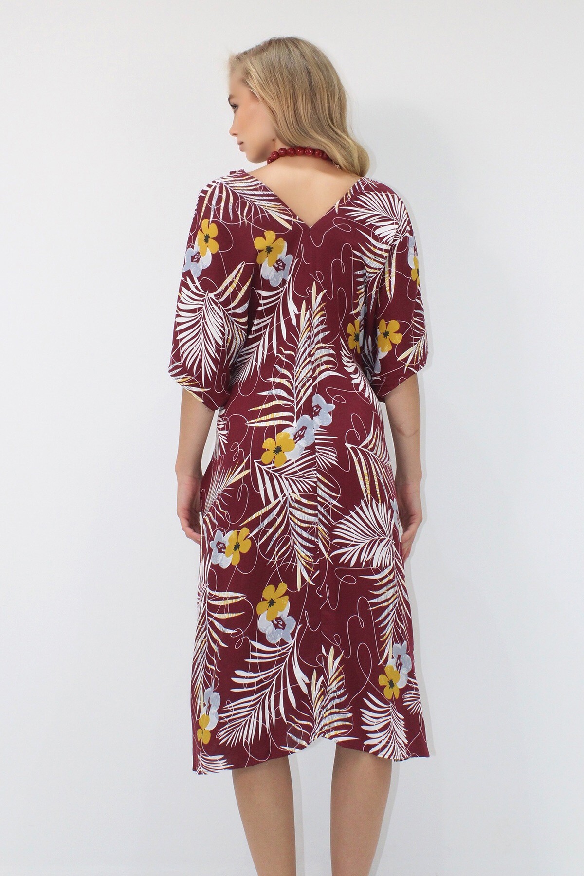 Bordo Ön Arka V Yaka Coconut Düğmeli Çift Cepli Desenli Dokuma Viskon Elbise