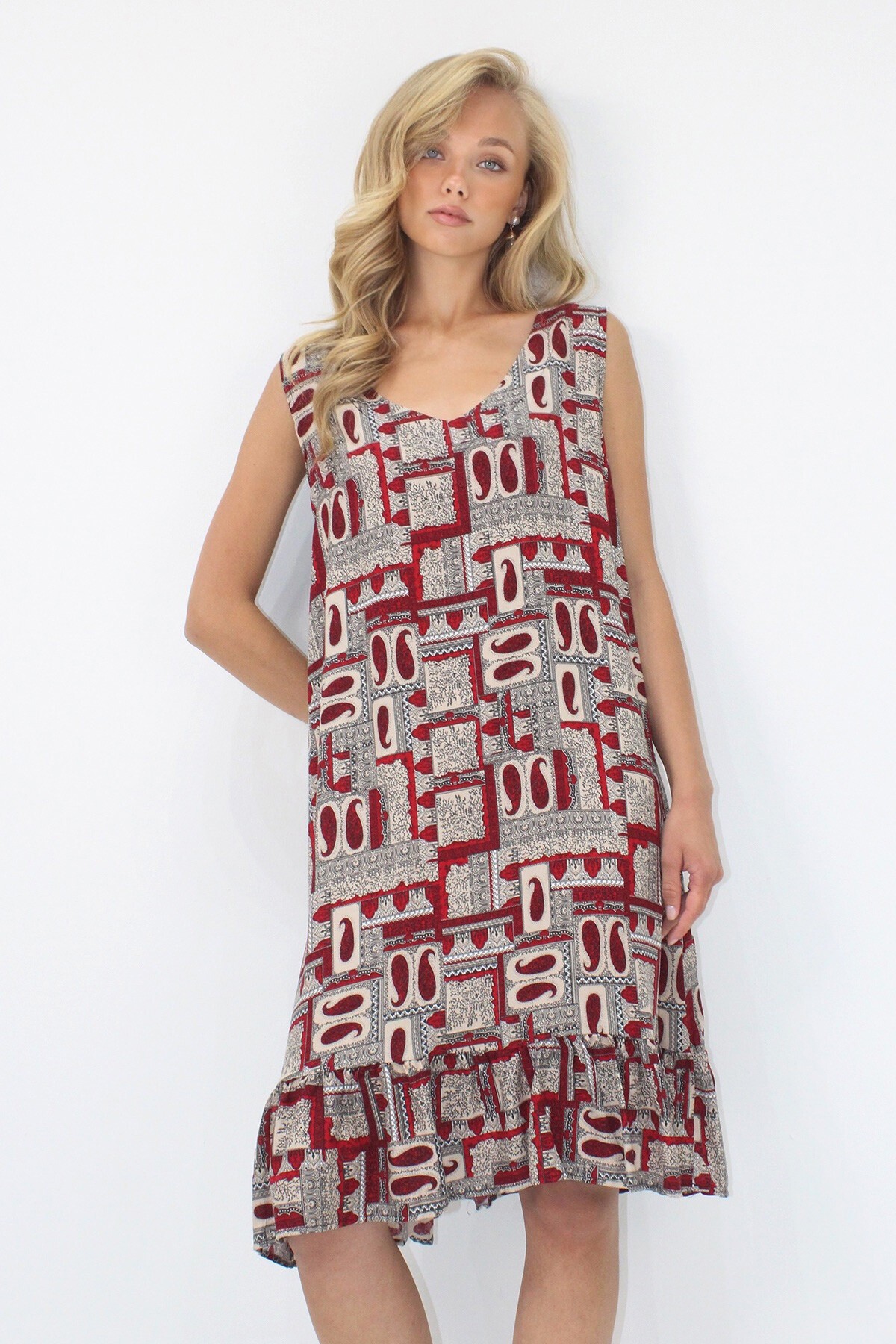 Bordo V Yaka Eteği Fırfırlı A Form Dokuma Viskon Rahat Kalıp Elbise