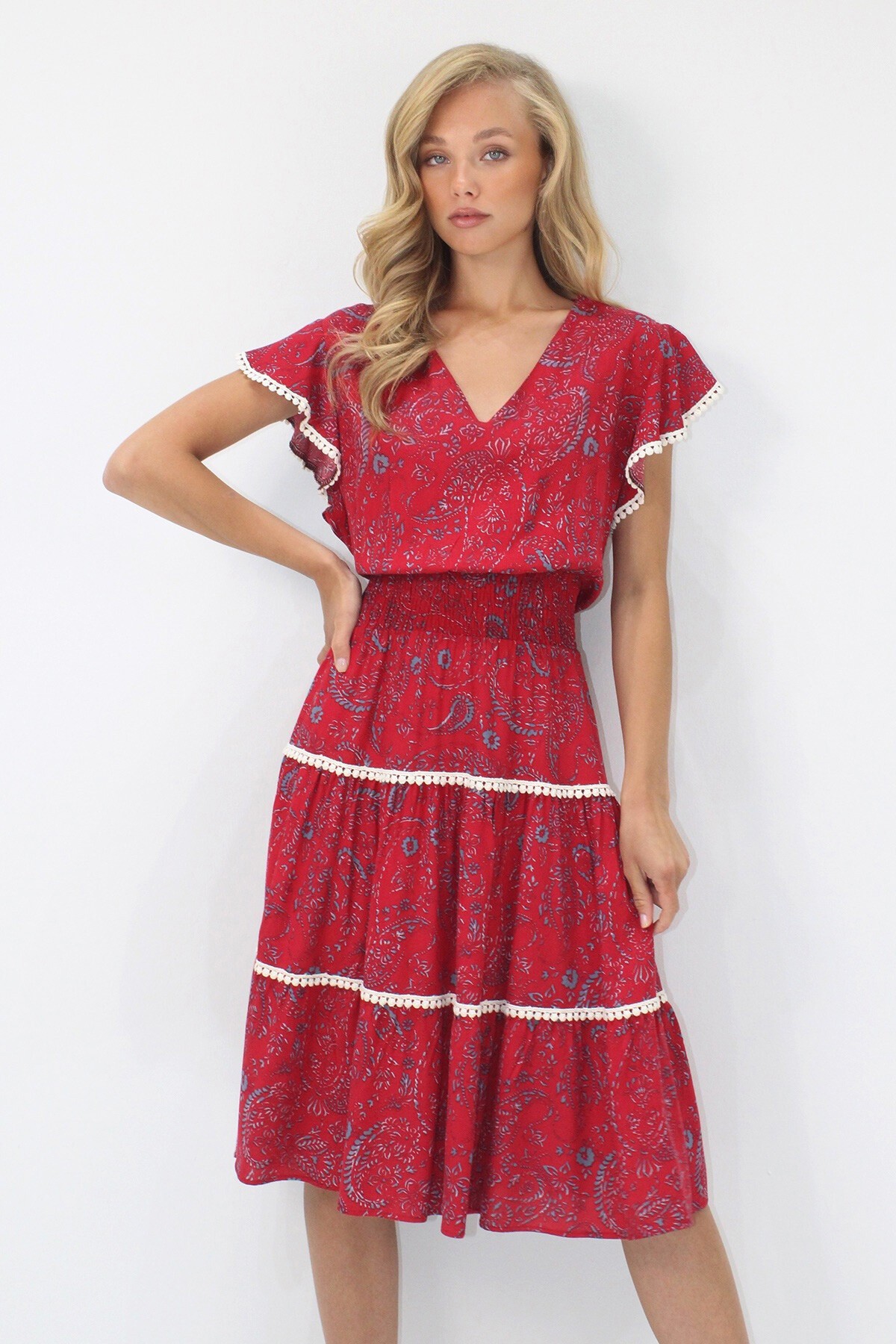 Bordo V Yaka Etnik Desenli Fisto Detaylı Beli Gipeli Dokuma Elbise