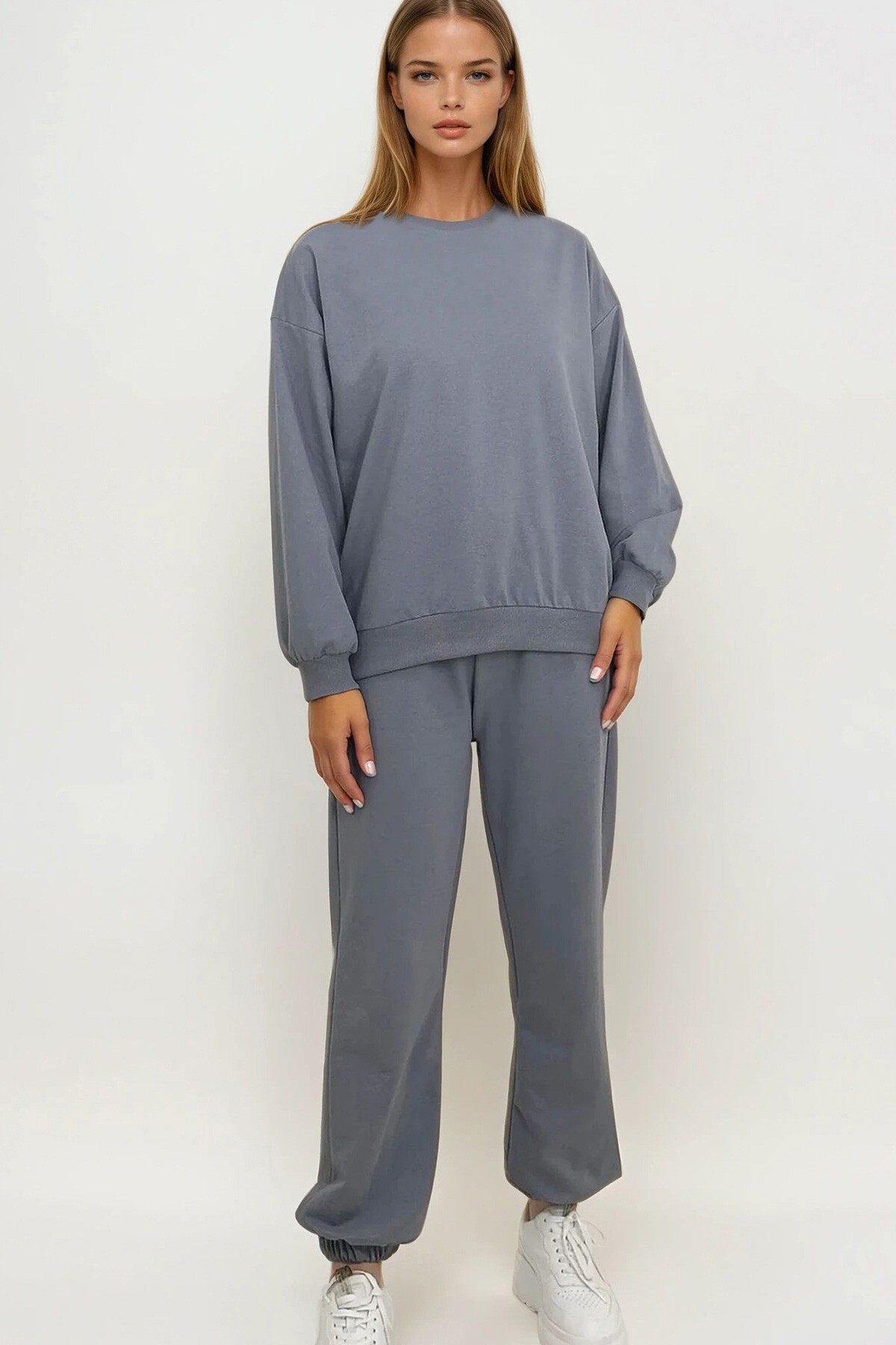 Boyalı Gri Bisiklet Yaka Mevsimlik İki İplik Eşofman Takım